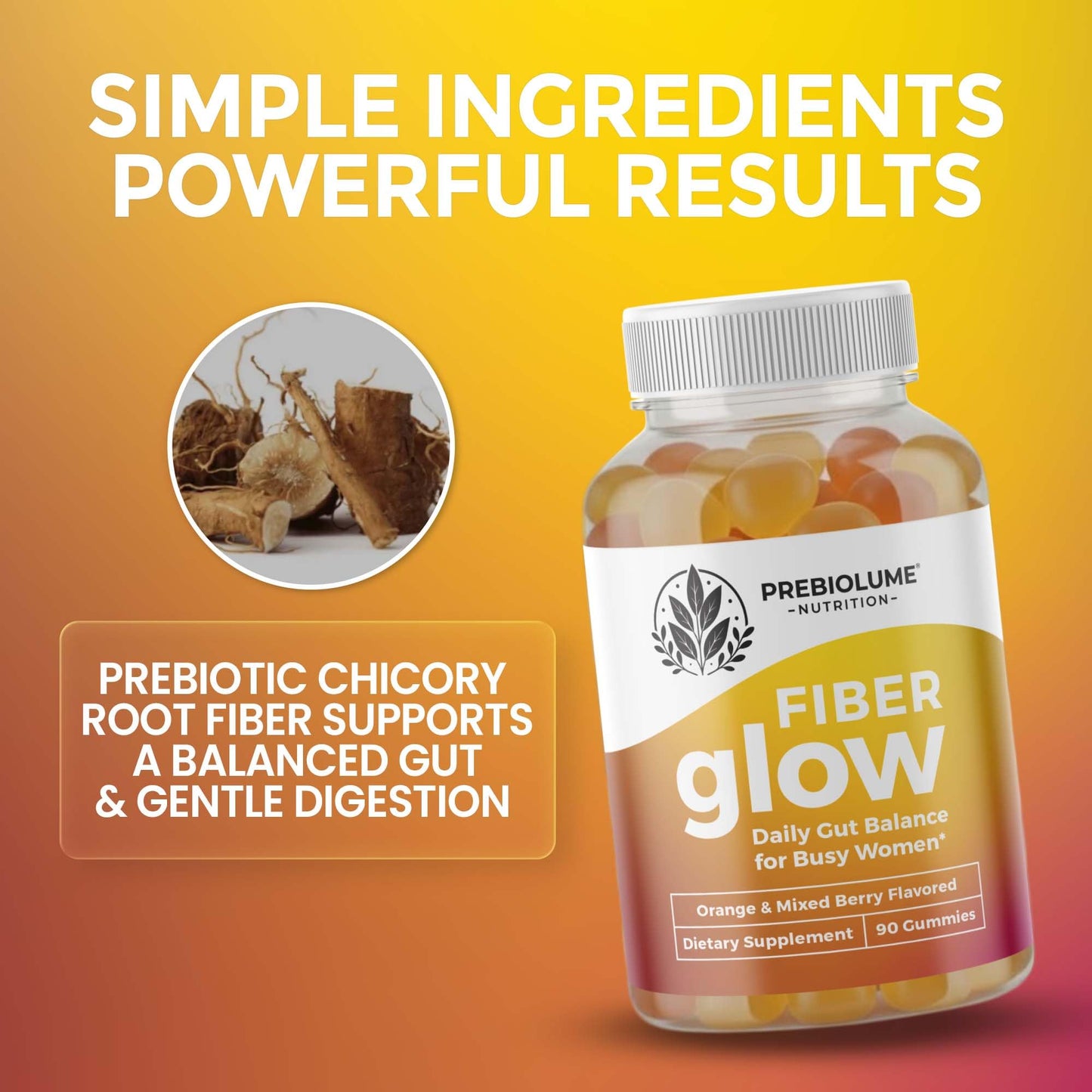 Prebiolume Fiber Capsules for Adults – Prebiotic Chicory Root Inulin, Orange & Mixed Berry Flavor, Vegetarian, 90 Capsules