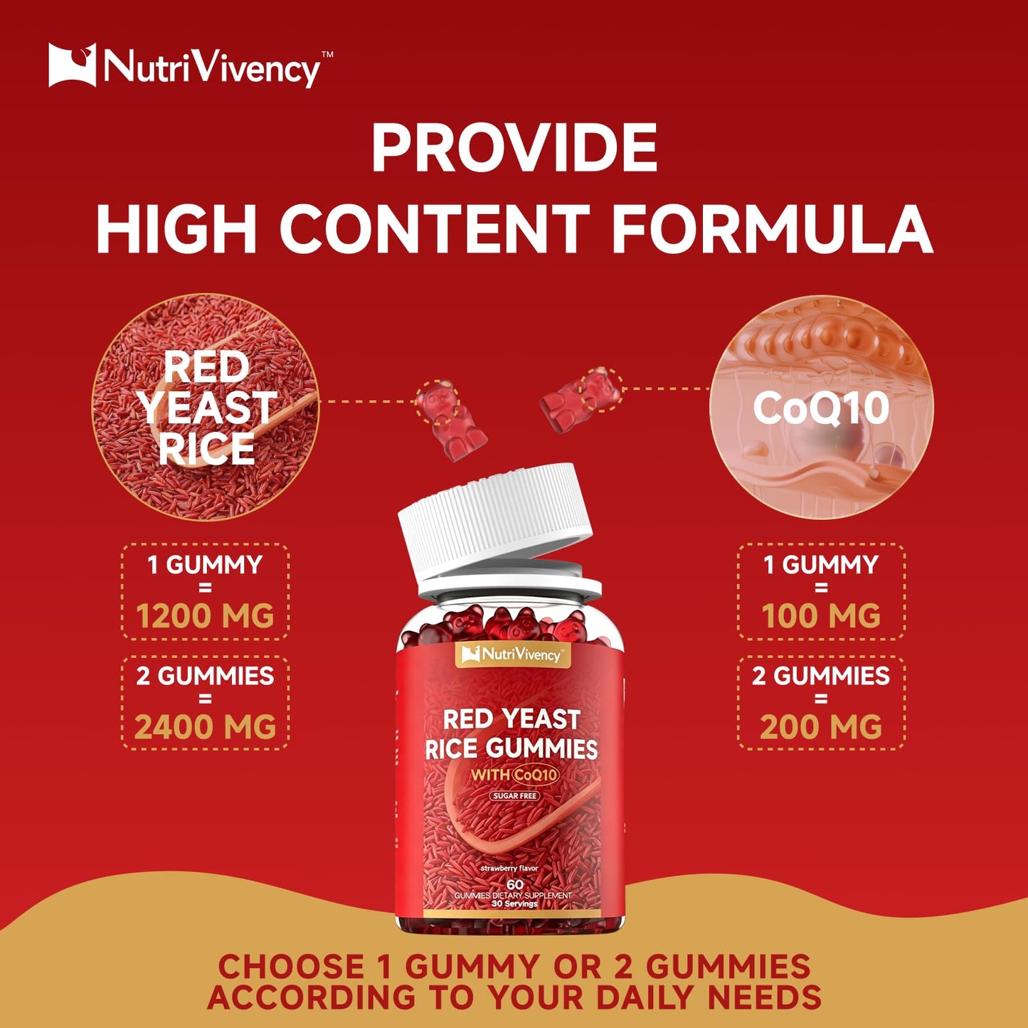 NutriVivency Red Yeast Rice 2400mg with CoQ10 200mg Gummies, Sugar Free, Vegan, Non-GMO, Strawberry Flavor, 60 Gummies