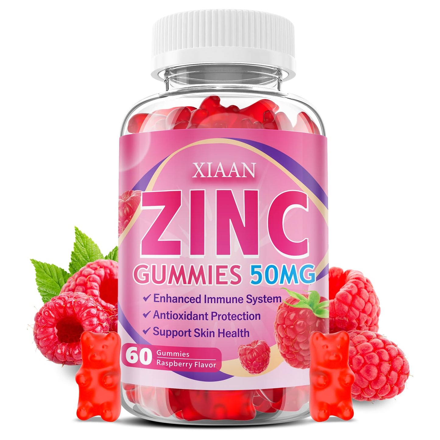 XIAAN Zinc Picolinate Gummies 50mg for Kids & Adults, Raspberry Flavor, 60 Count