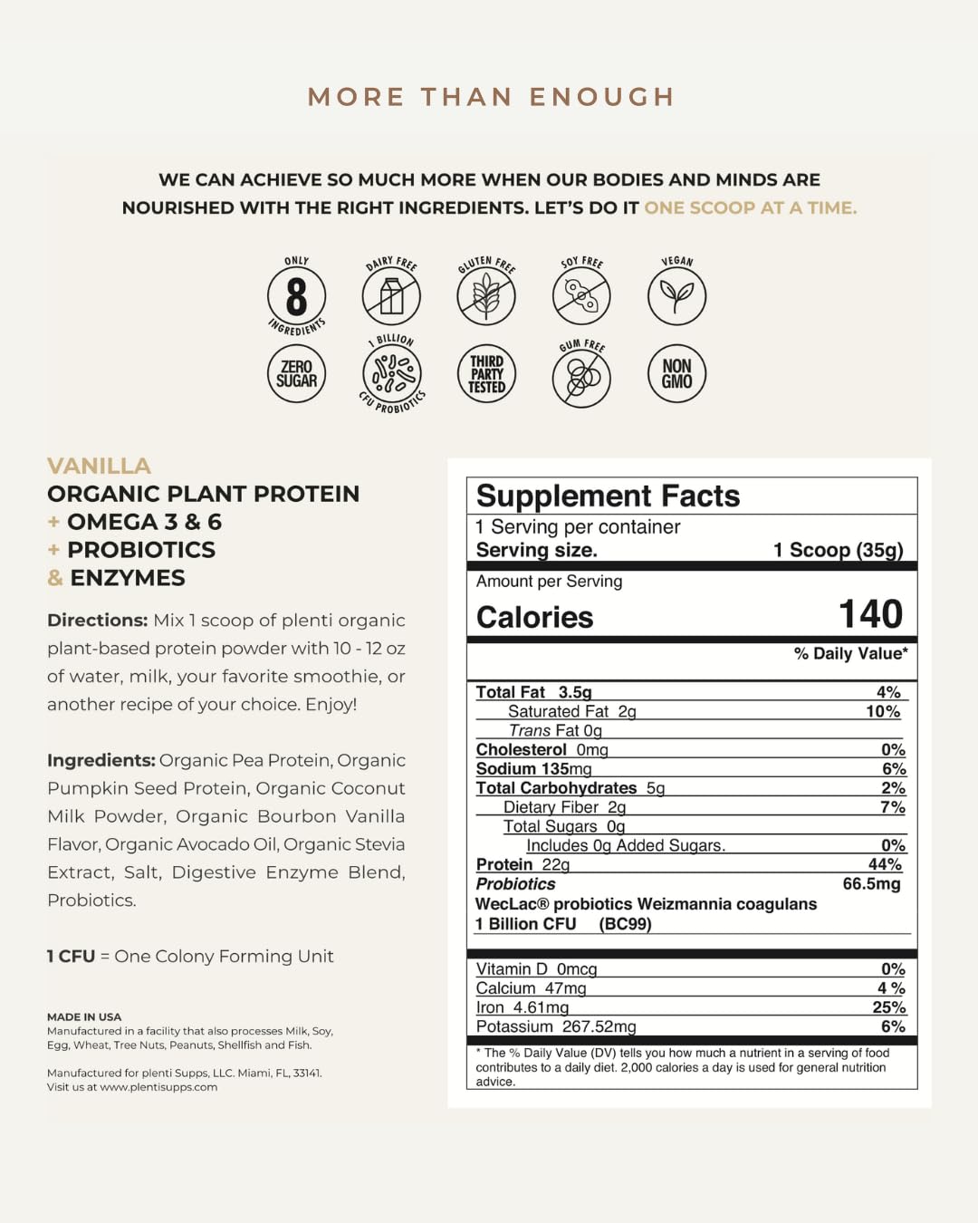Plenti Organic Plant-Based Protein Powder Vanilla, 32 Servings