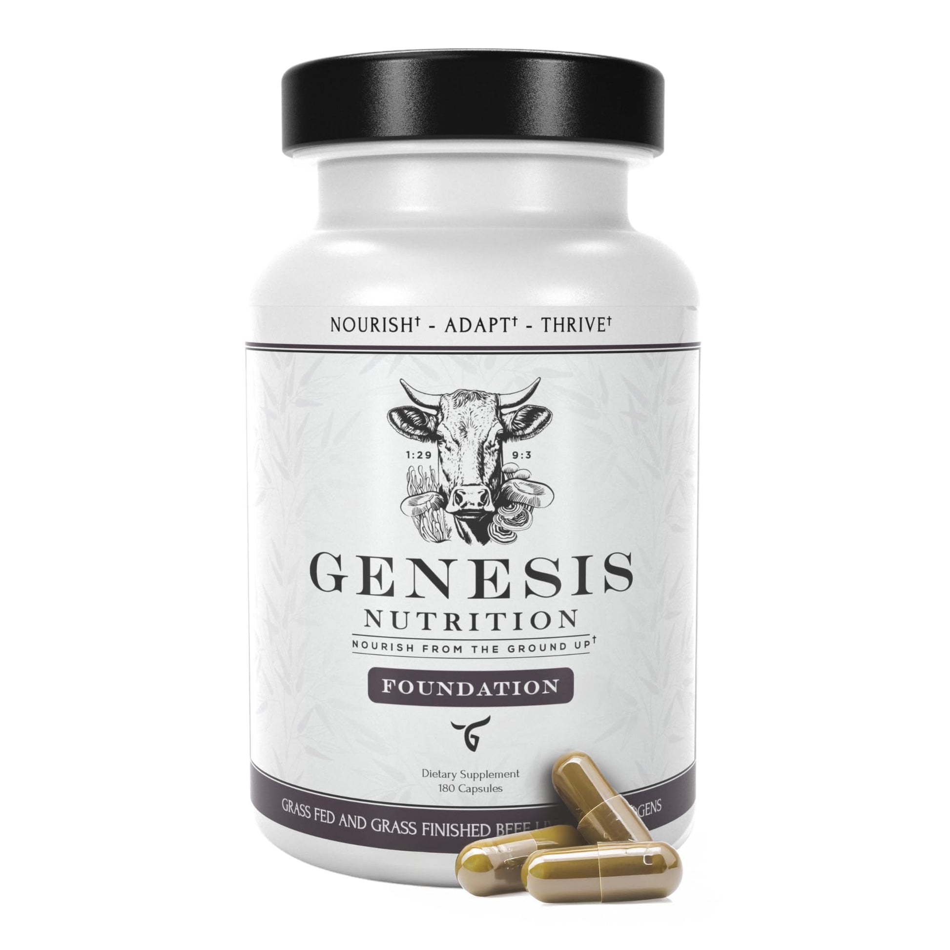 Genesis Nutrition Grass Fed Beef Liver with Cordyceps, Reishi, Panax Ginseng & Rhodiola Foundation 180 Capsules