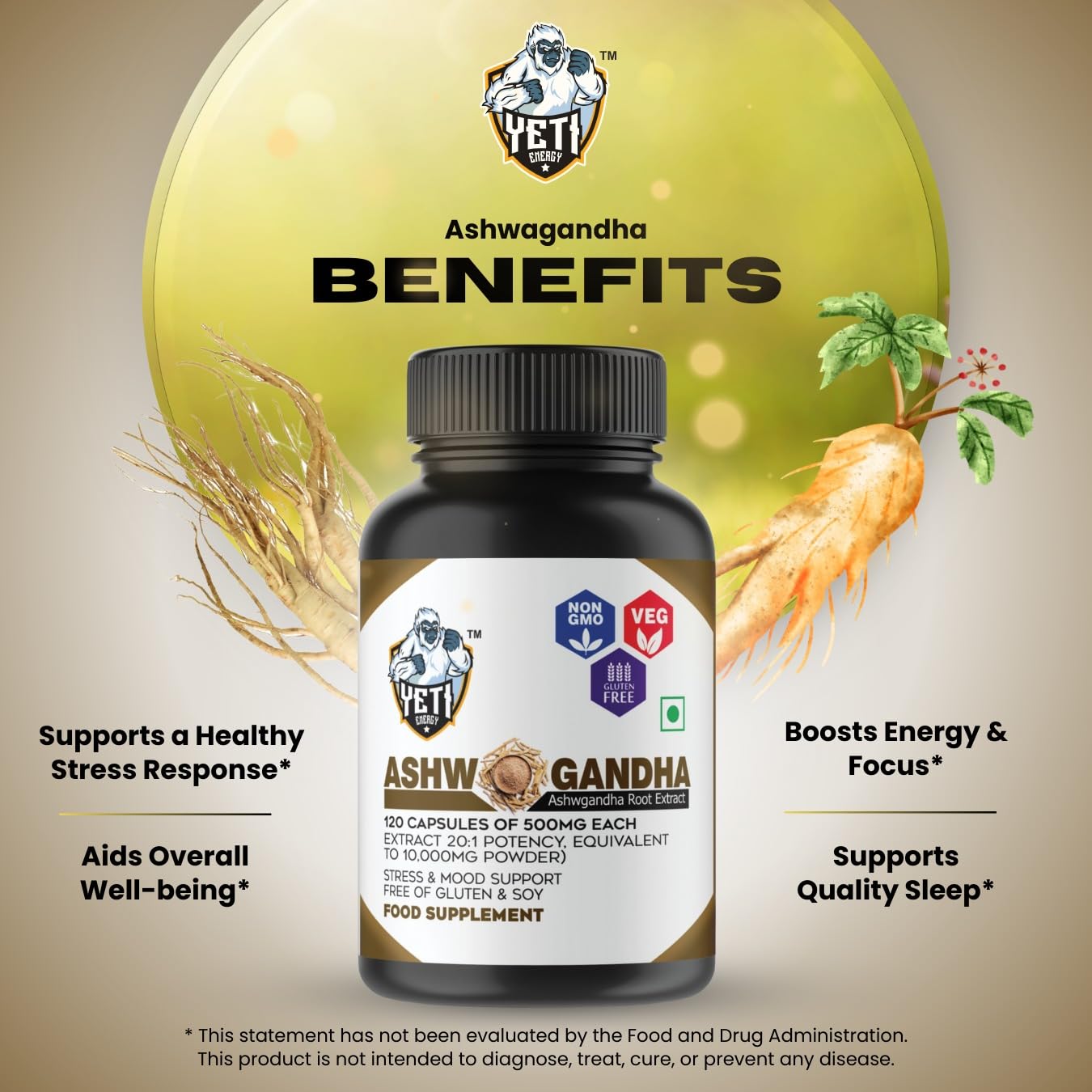 YetiEnergy Ashwagandha Capsules 500 mg - Pure Organic Ashwagandha Root Extract, Stress Relief & Mood Support, 1 Capsule