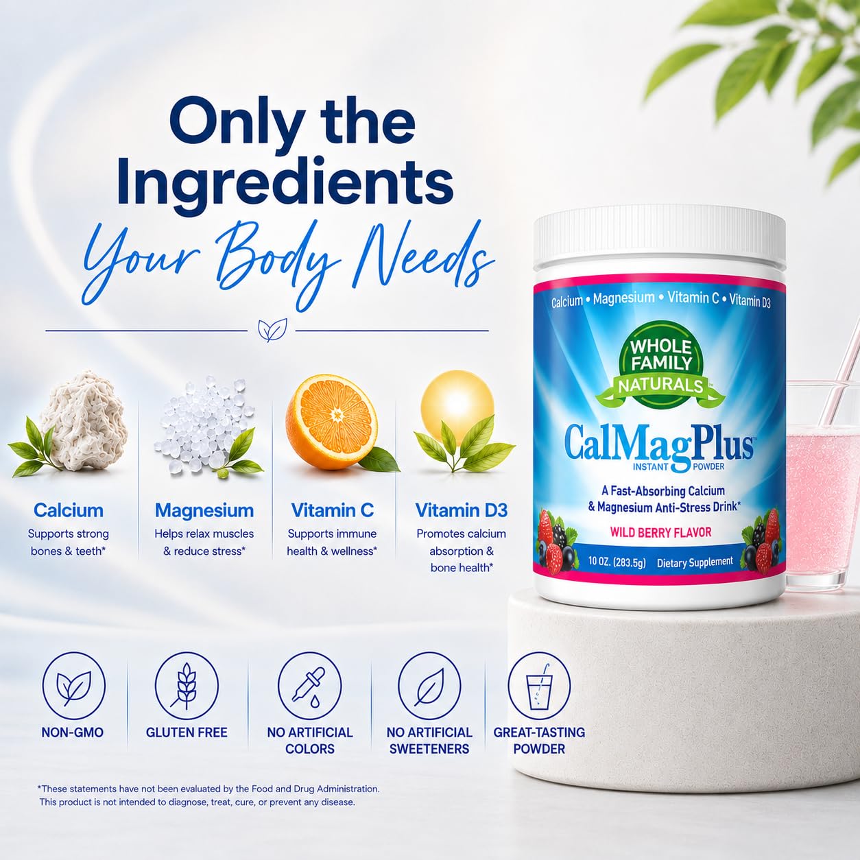 Whole Family Naturals CalMag Plus Calcium Magnesium Powder for Calm & Relaxation, 10 Ounce