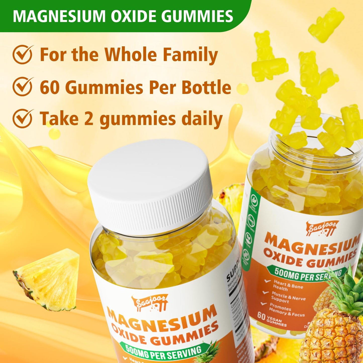 Saajoor Magnesium Oxide 500mg Gummies, 60 Count