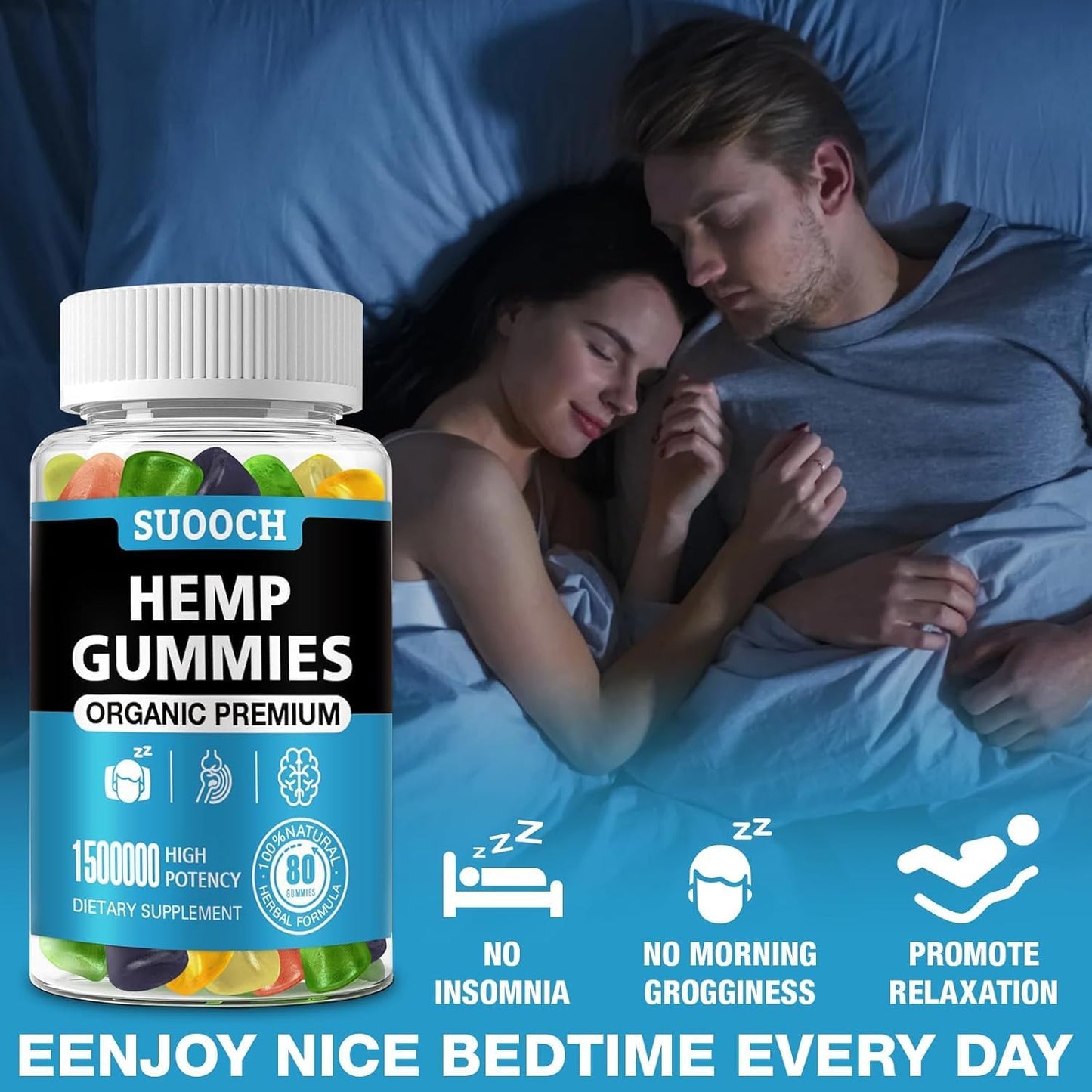 SUOOCH Hemp Gummies for Sleep, Anxiety, Pain & Inflammation Relief Edible with Omega & Vitamin Premium Fruity Flavors, Natural Candy High Potency 160 Count Gummies