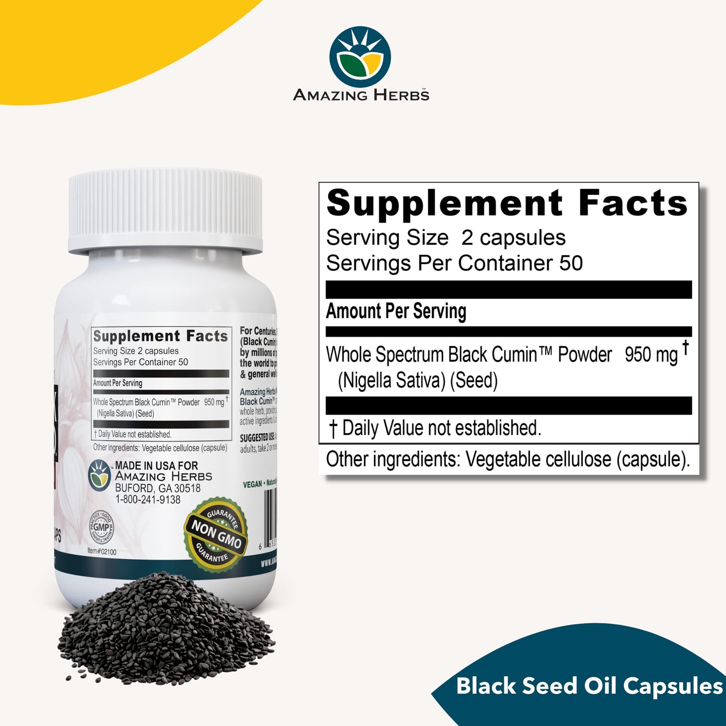 Amazing Herbs Whole Spectrum Black Seed Oil Capsules - 100 Count, 475mg