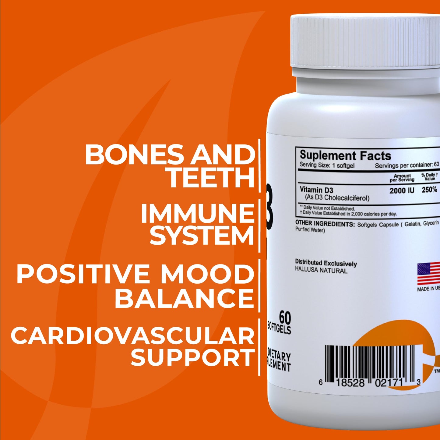 Hallusa Natural HallD3 Vitamin D3 2000 IU Softgels, 60 Count