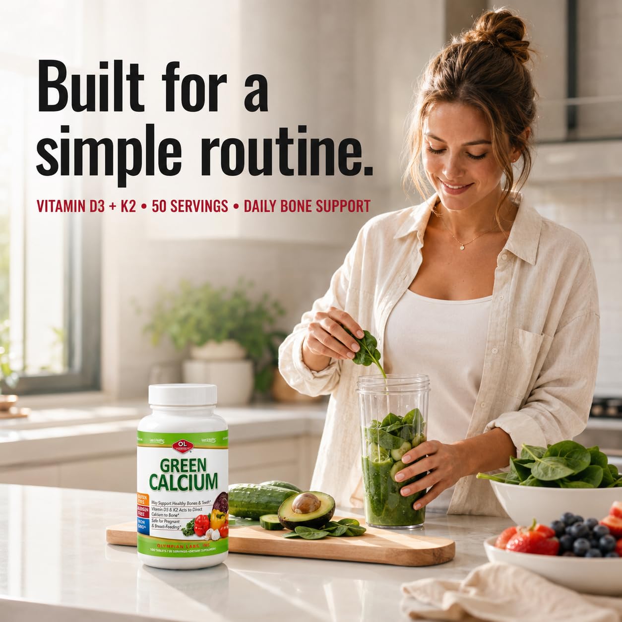 Olympian Labs Calcium Plus Magnesium, Formulated with Vitamin C, K2 & D3, 100 Tablets