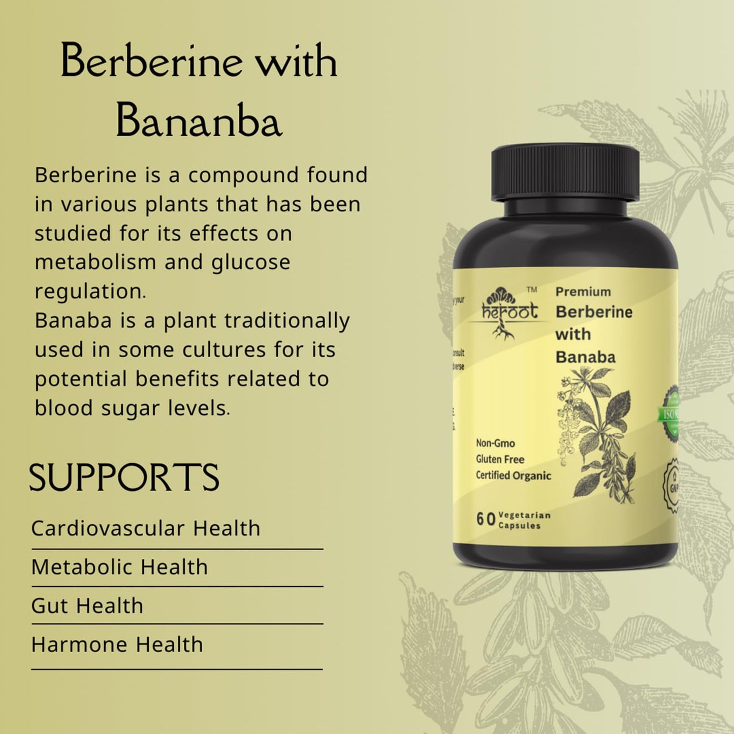 Heroot Berberine HCl with Banaba 500mg Root Extract Capsule, 60 Capsules