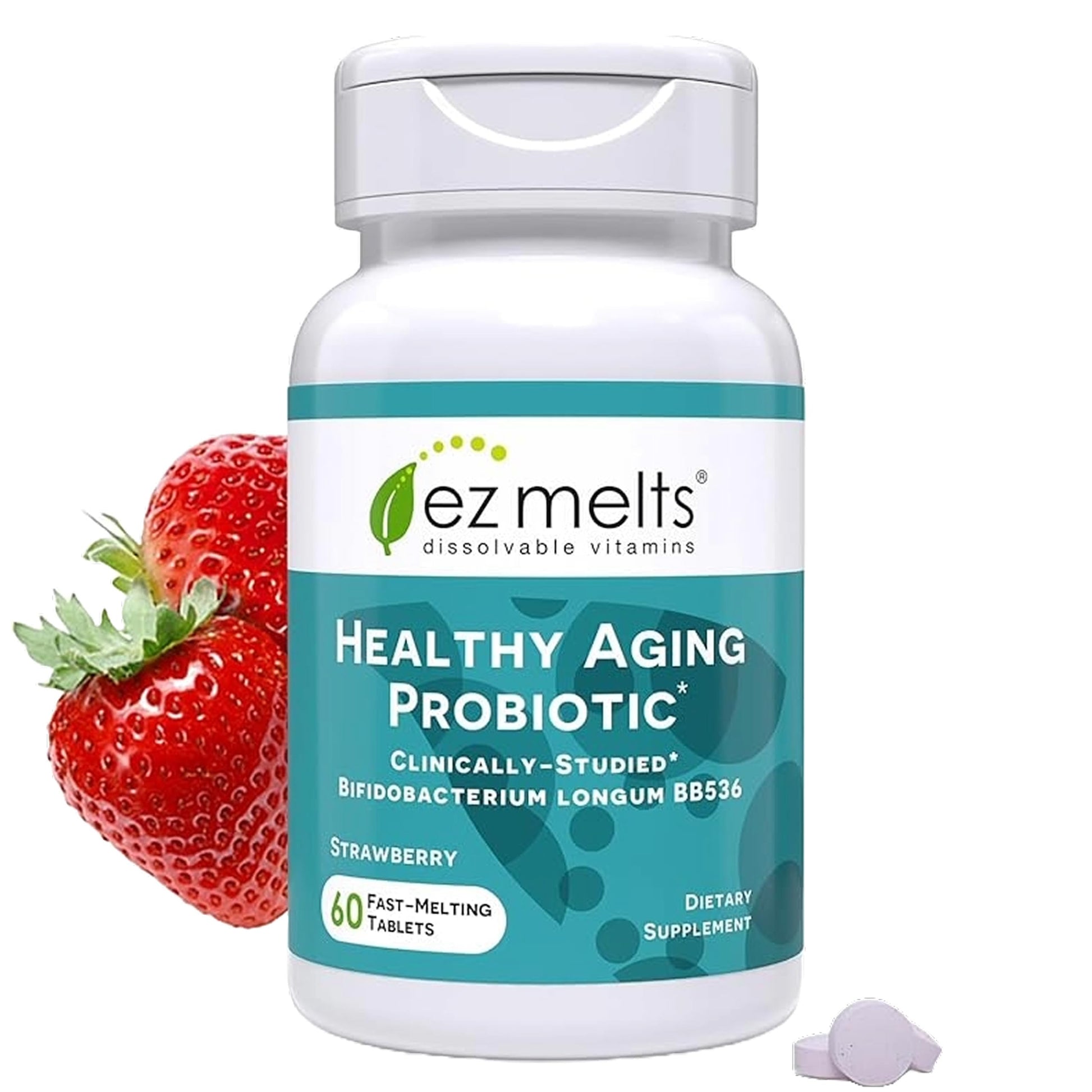 EZ Melts Healthy Aging Probiotic Daily Probiotic for Digestive & Gut Health Support with Bifidobacterium Longum, Non-GMO & Vegan, Strawberry, 60 Dissolvable Tablets