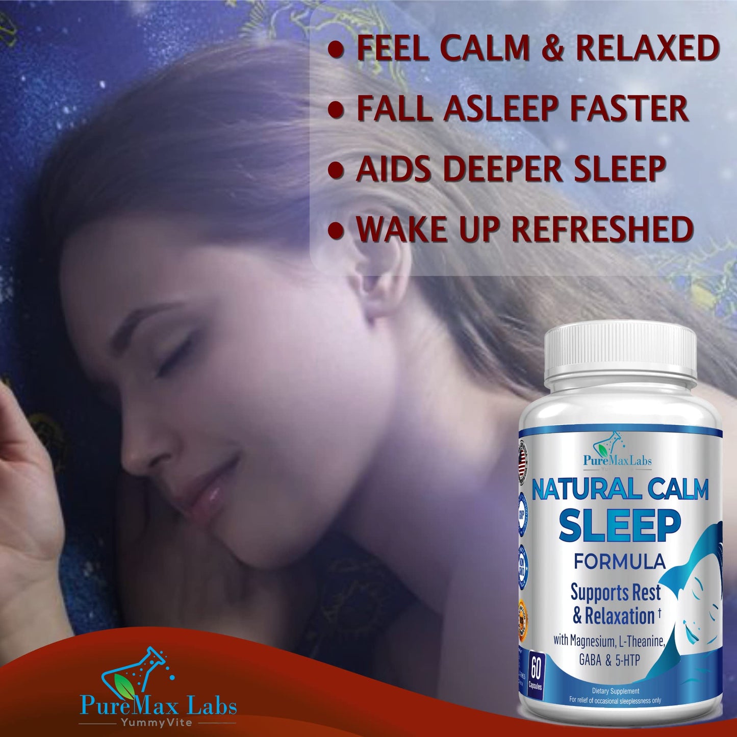 YUMMYVITE Natural Calm Sleep Aid with Magnesium, L-Theanine, Melatonin, GABA, 5-HTP Capsule, 60 Count