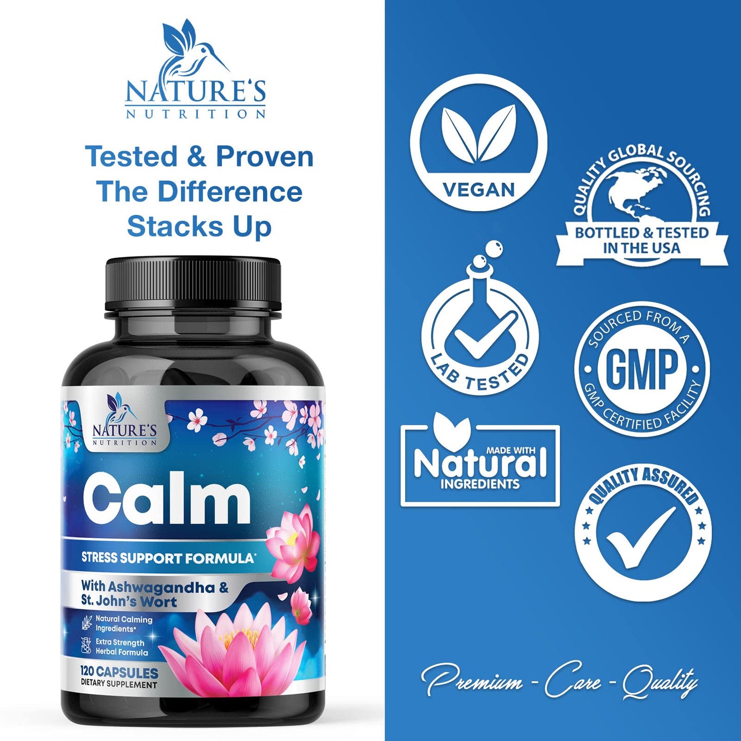 Nature's Nutrition Stress Support Supplement Extra Strength Ashwagandha, GABA, Magnesium, L-Theanine for Relief - Supports Mood & Focus - Naturally Calm, Unwind & Relax - Eases Tension & Nervousness 120 Capsules
