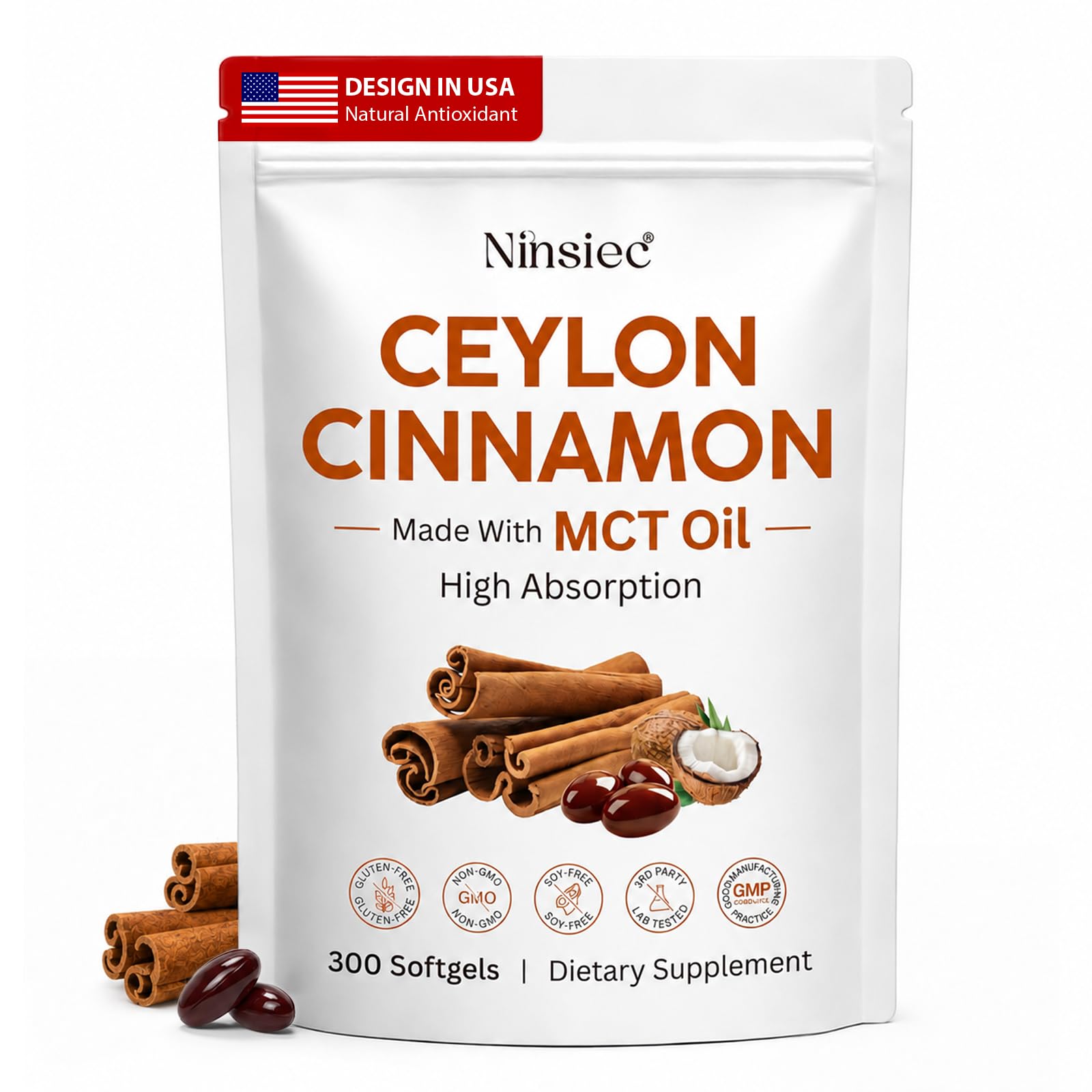 Ninsiec 2-in-1 Organic Ceylon Cinnamon with MCT Oil Softgel, 300 Softgels
