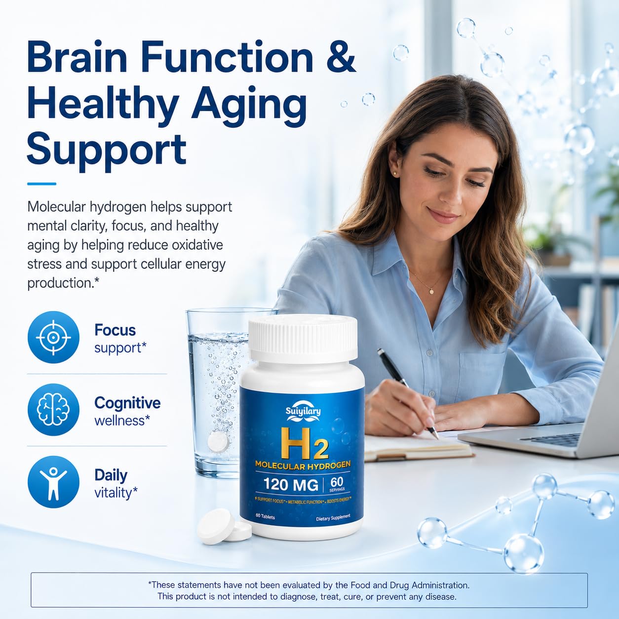 Suiyilary Hydrogen Water Tablets with 120mg Magnesium, H2 Molecular Hydrogen for Drinking Water, Rich in Antioxidants, Supports Cellular Health, Recovery, Immune & Brain Cognitive Function, 60 Tablets