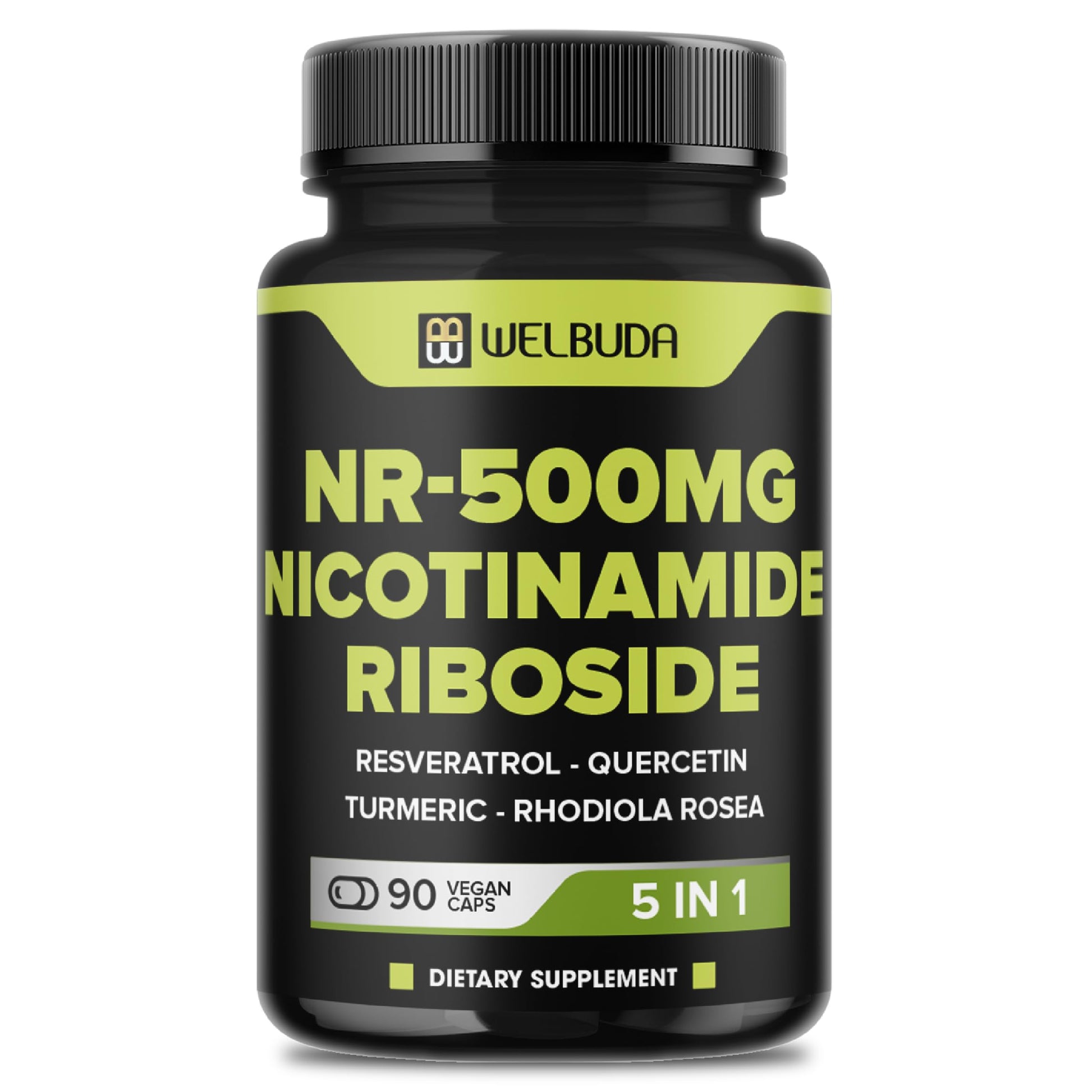 WELBUDA 5in1+ Nicotinamide Riboside Supplement with Resveratrol, Quercetin, Turmeric, Rhodiola Rosea Capsule, 90 Count