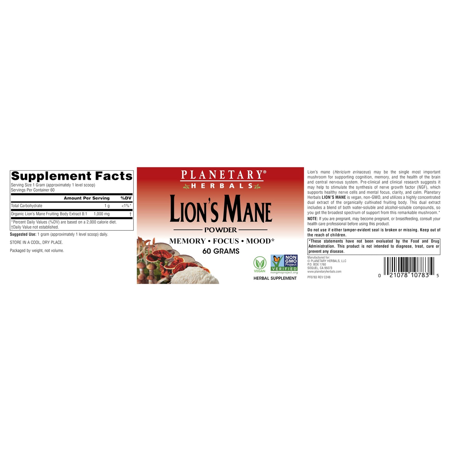 Planetary Herbals Lion Mane Powder 60 Grams, 1 Pack