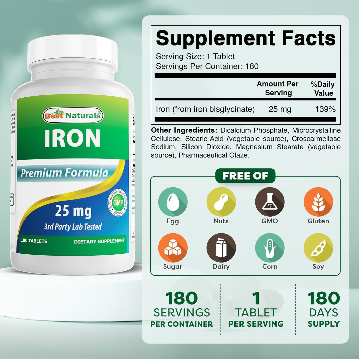 Best Naturals Iron Bisglycinate Iron Supplement, 180 Tablets