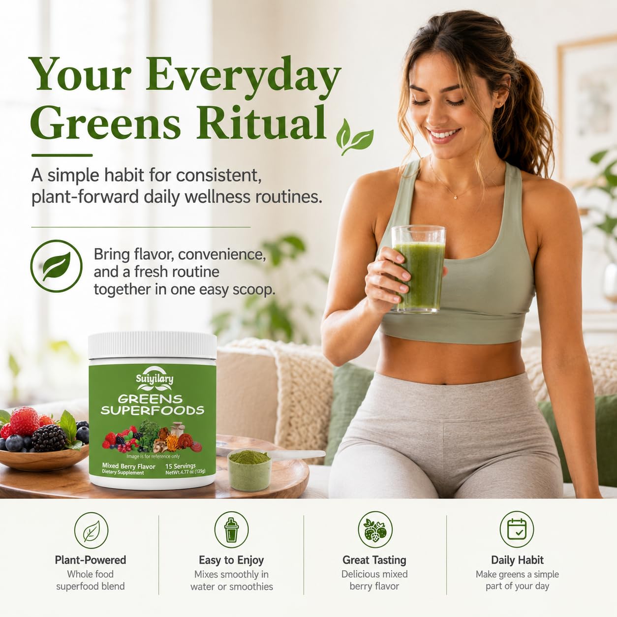 Suiyilary Greens Superfoods Powder for Digestive Health, Spirulina & Chlorella, Mixd Berry, 4.77 oz