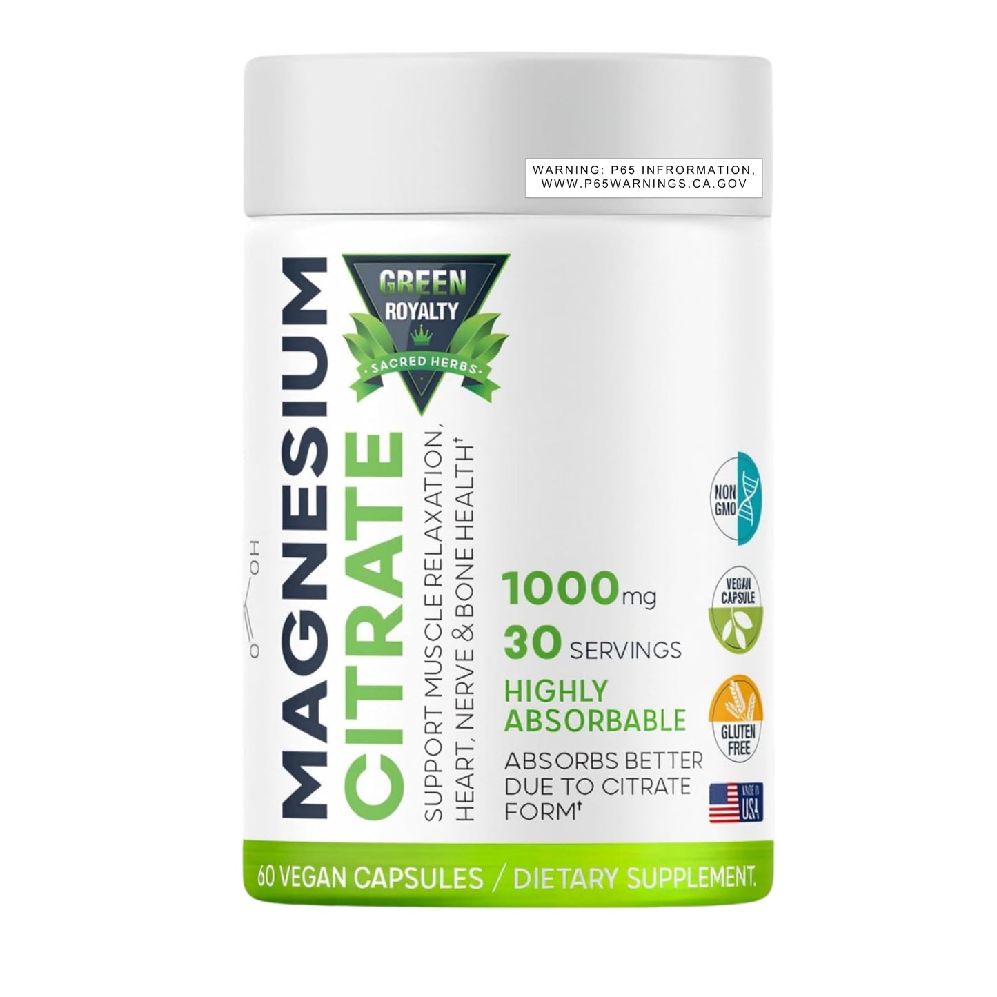 GREEN ROYALTY Magnesium Citrate 1000mg Capsules, 60 Count