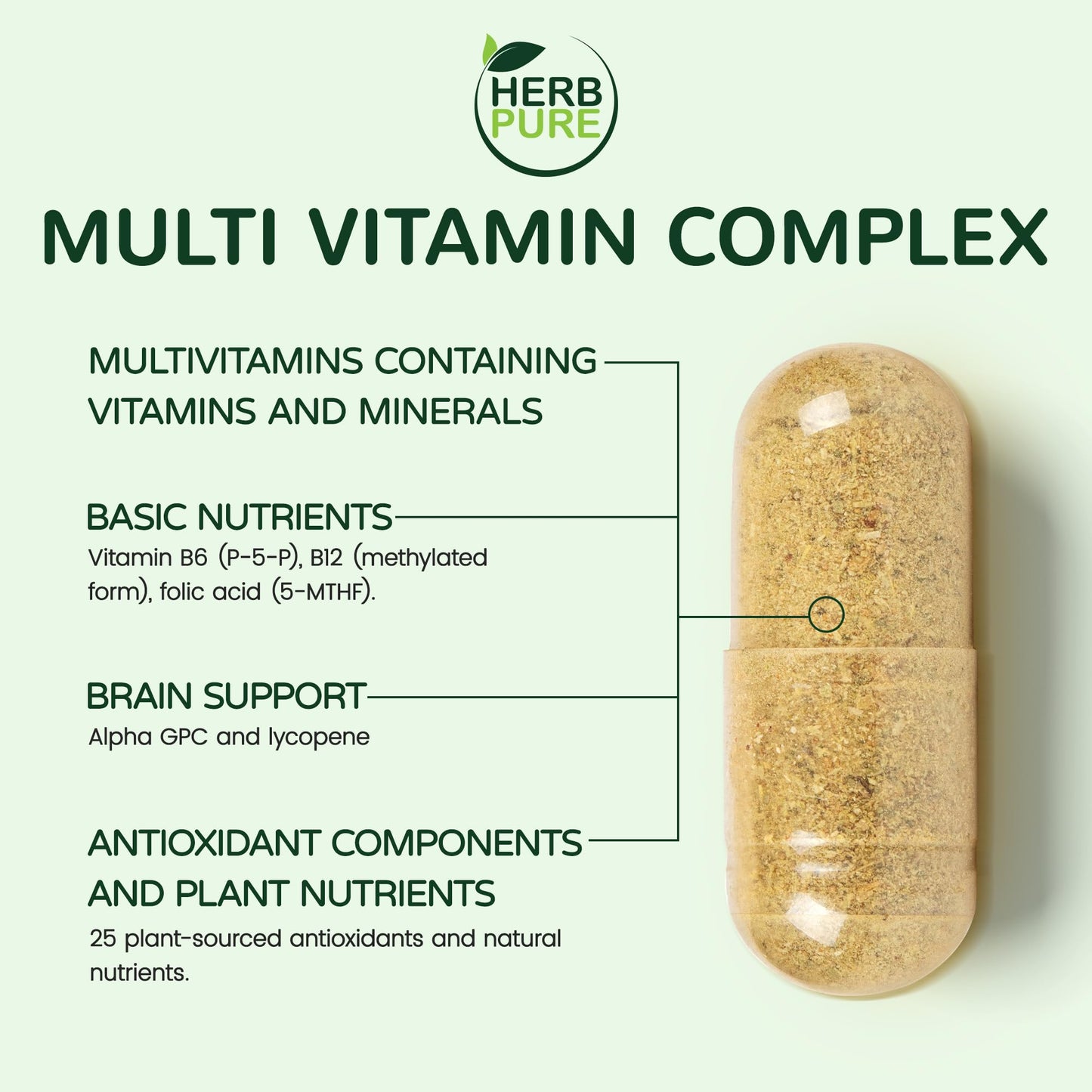 HERB PURE Multi Vitamin Complex Daily Multivitamins for Men and Women Capsules 60 Count