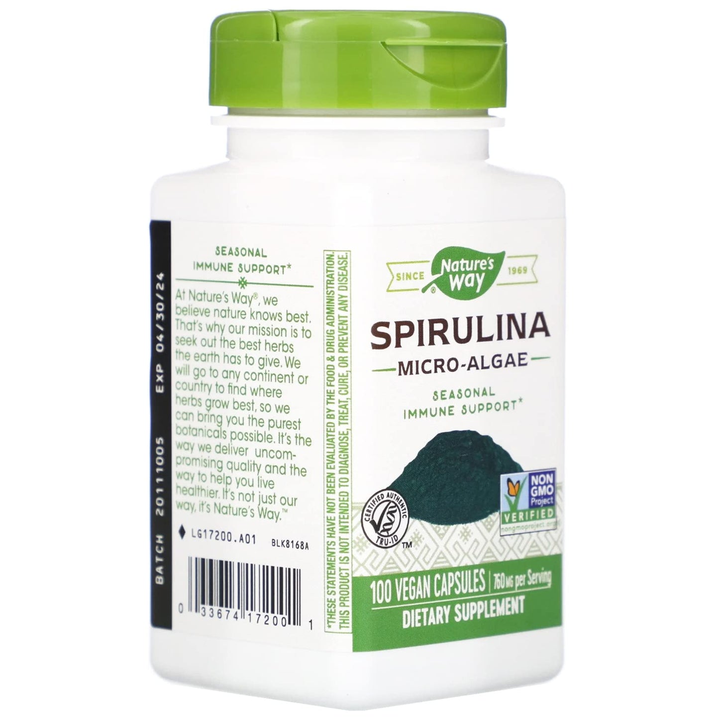Nature's Way Spirulina Micro-Algae 380 mg Capsules, 100 Count
