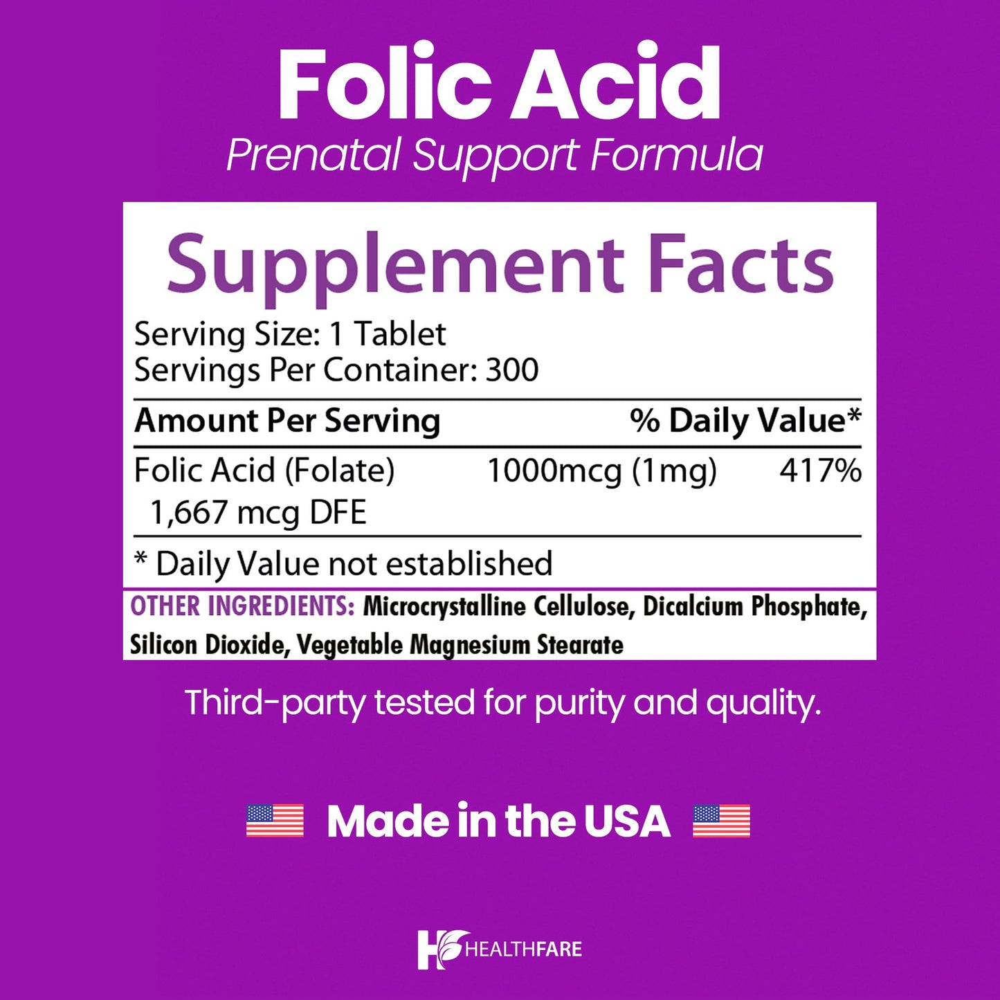 Healthfare Folic Acid 1000mcg Tablet 300 Count