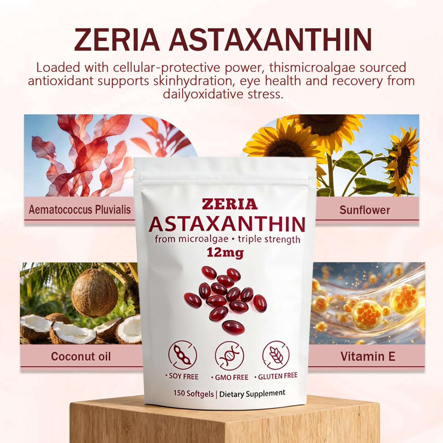 ZERIA Astaxanthin 12mg, Natural Microalgae Antioxidant for Eye, Skin & Immune Support Softgel, 150 Softgels