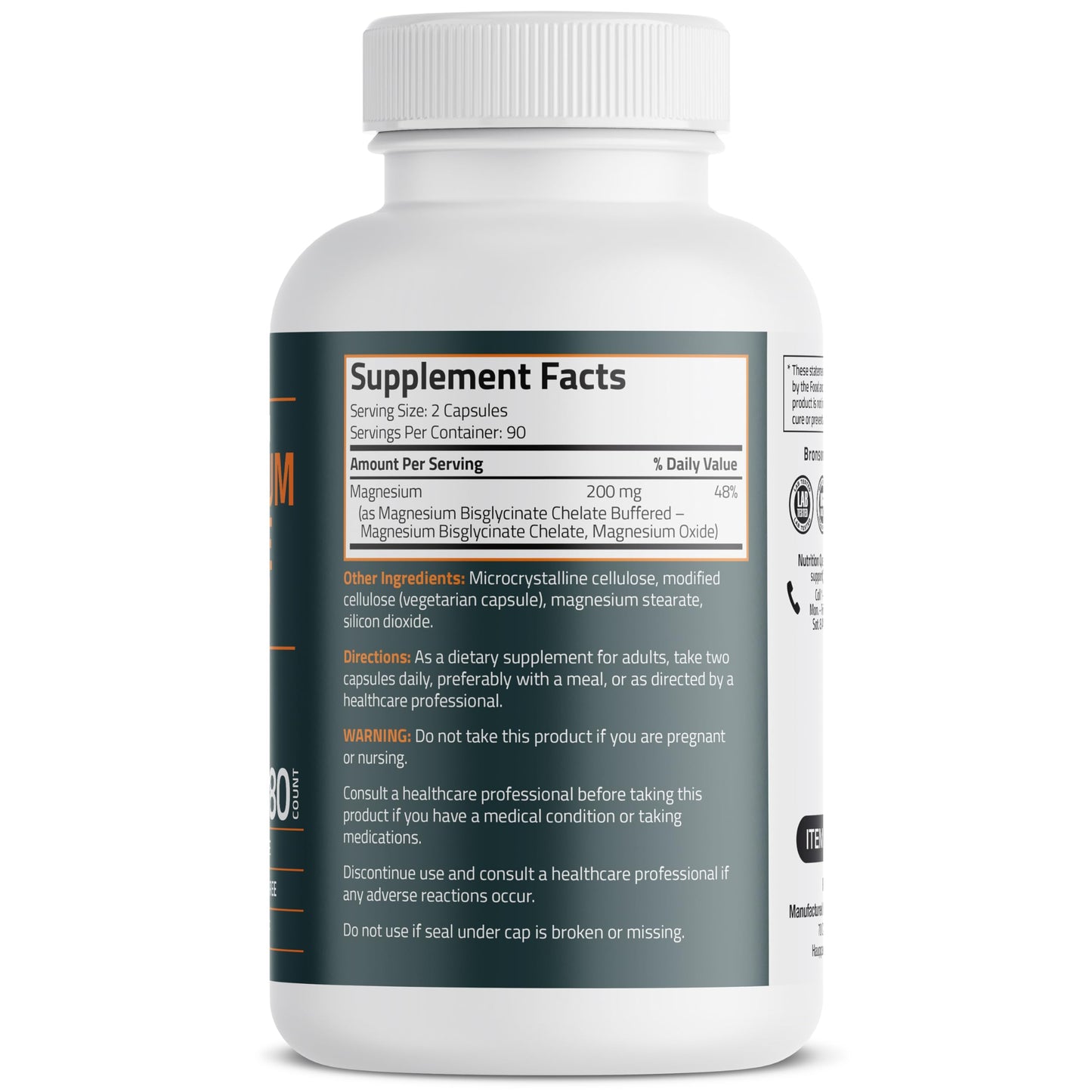 Bronson Magnesium Glycinate 200mg High Absorption Chelated Buffered Gentle On The Stomach Non-GMO, 180 Vegetarian Capsules