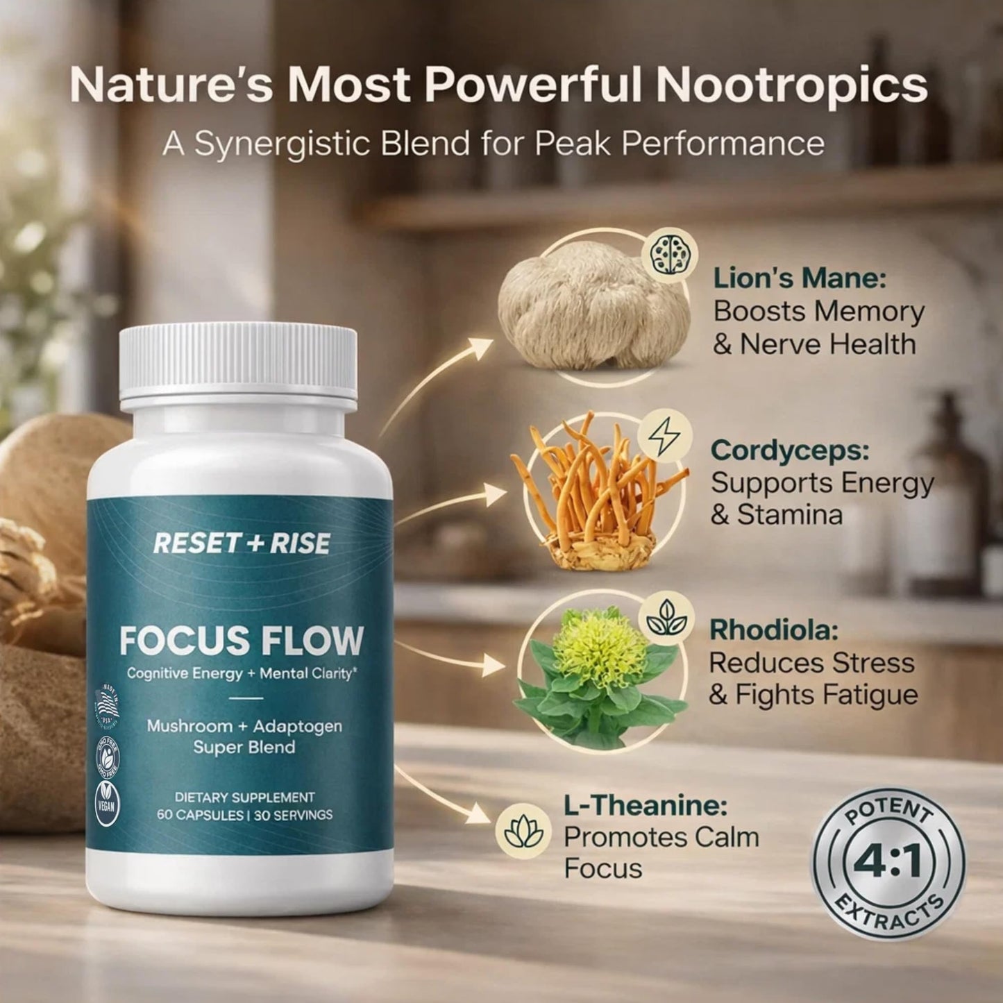 Reset+Rise Nootropic Brain Supplement with Lion’s Mane Mushroom, Cordyceps & Rhodiola Rosea Extract - Capsule, 60 Capsules