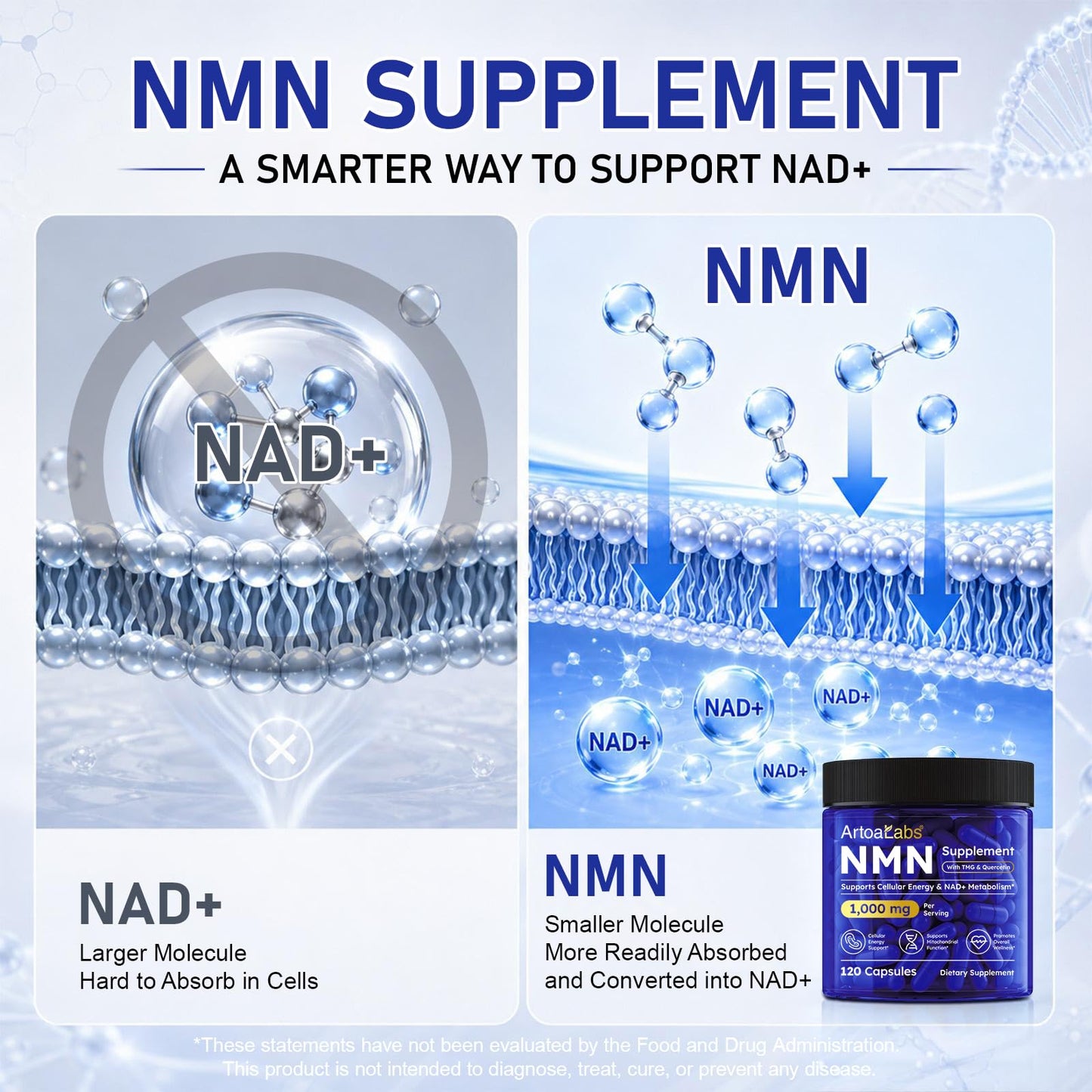 artoalabs NMN Supplement 1000mg, 4-in-1 NAD Supplement with Quercetin, TMG, Resveratrol, NMN, NAD+ Support & Optimizer for Cellular Energy, Capsules, 120 Capsules