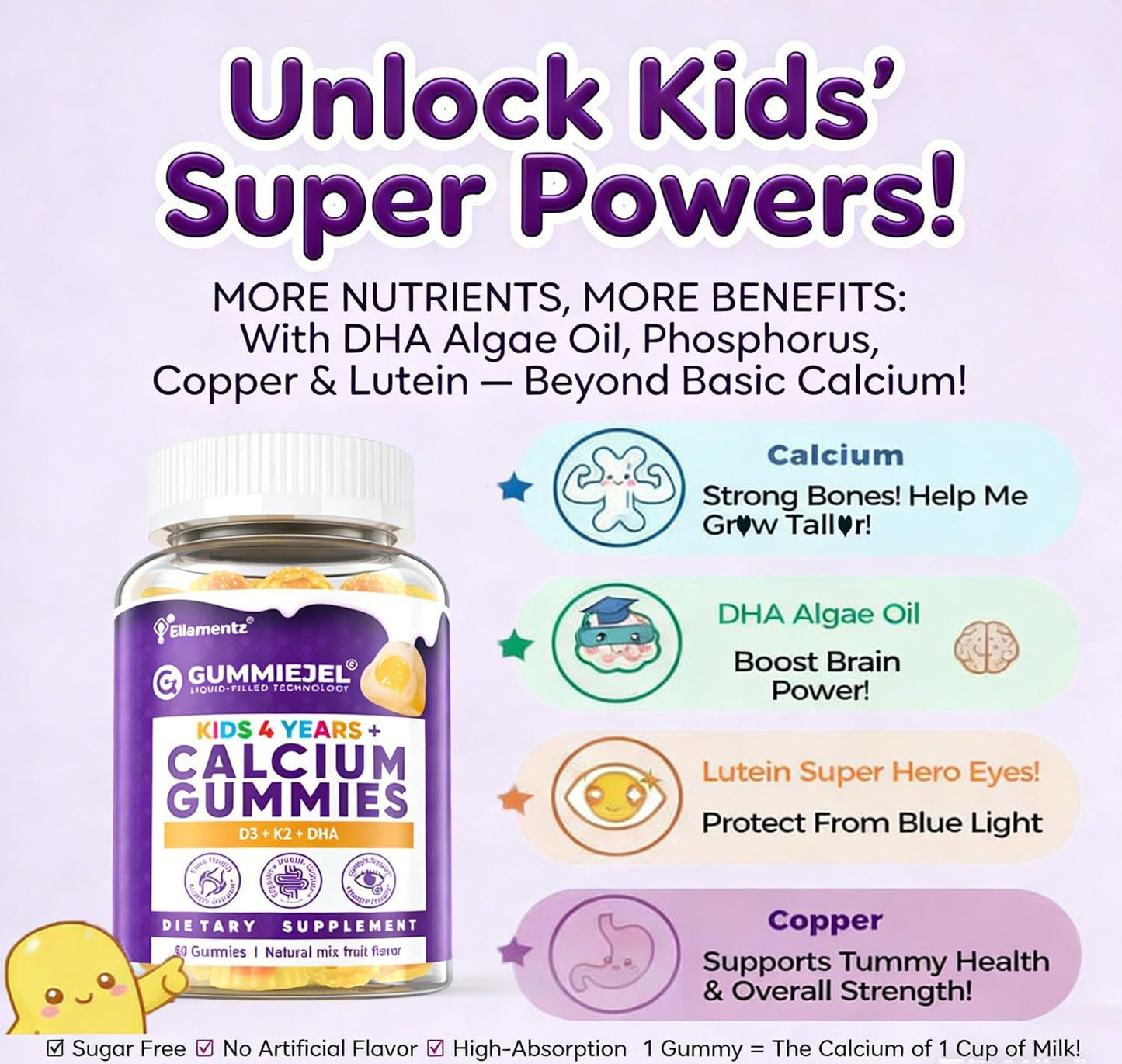 ELLAMENTZ Sugar-Free Kids Calcium Gummies 4–12, 60 Count