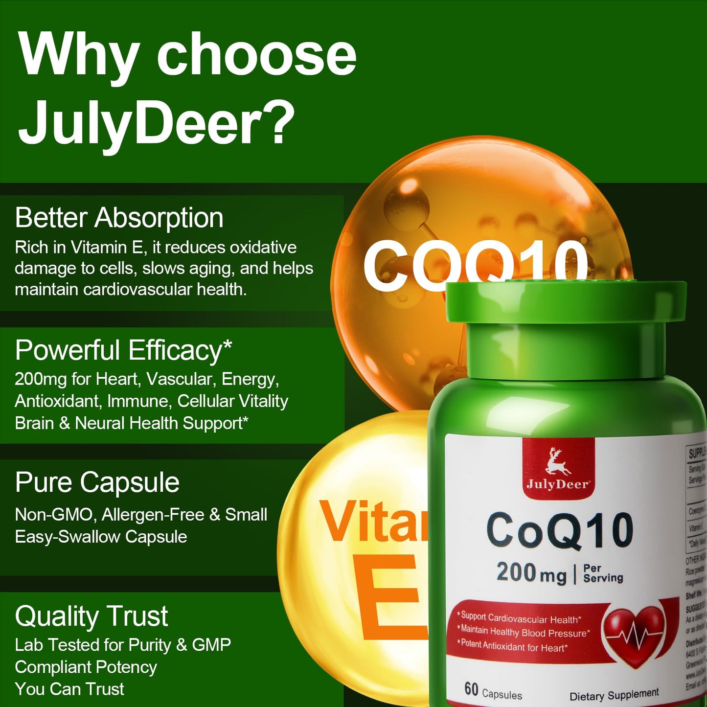 JulyDeer CoQ10 200mg with Vitamin E 20mg Capsules, 120 Count