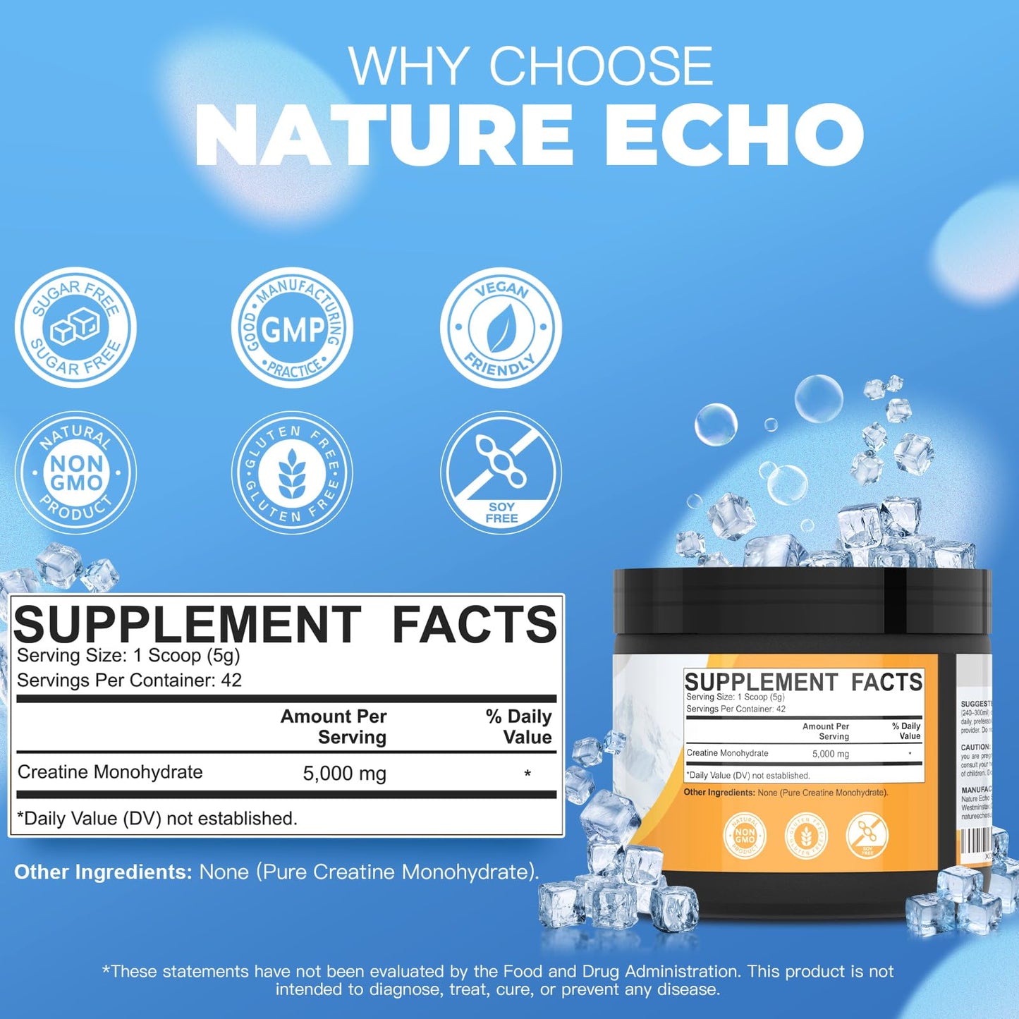 Nature Echo Creatine Monohydrate Powder, Unflavored, 42 Servings