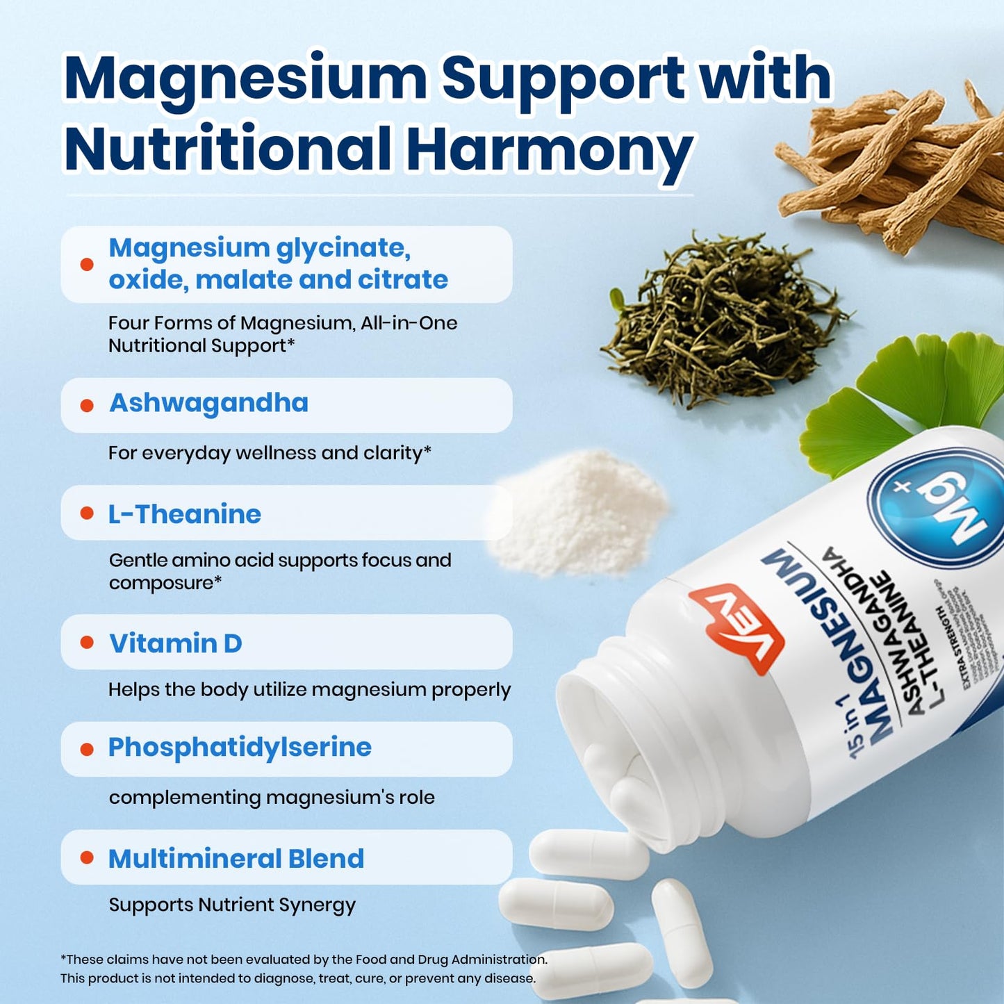 VEV Deep Calm 15 in 1 Magnesium Glycinate & Citrate Complex Capsules, 60 Capsules