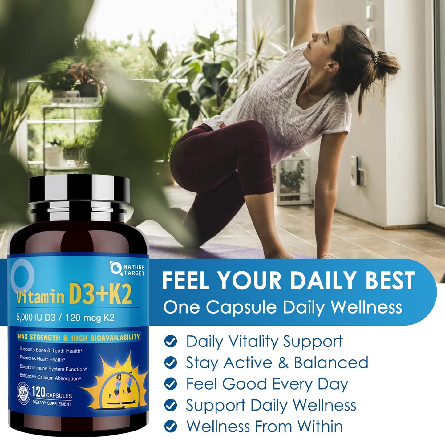 NATURE TARGET Vitamin D3 K2 with Calcium & Magnesium 6-in-1 Complex Capsule, 120 Count