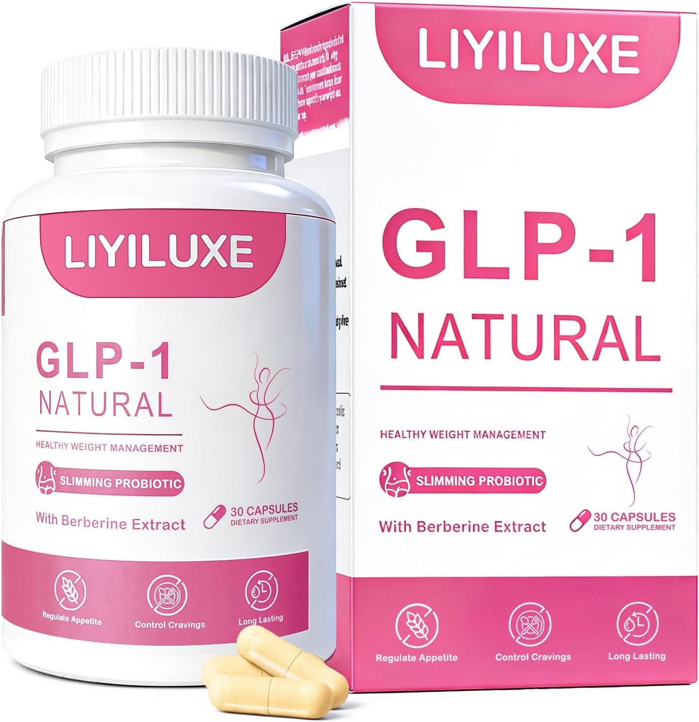 LIYILUXE GLP-1 Natural Probiotics Supplement with Akkermansia & Berberine HCI, Metabolism, Appetite and Energy Support Capsule 1 Count