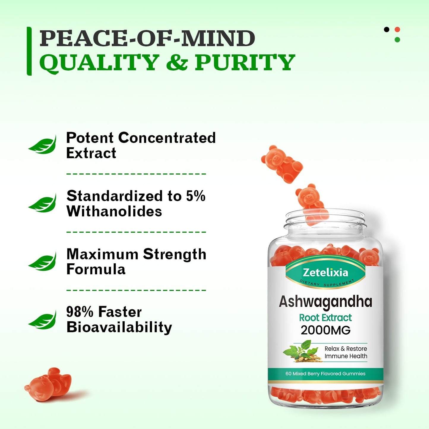 Zetelixia Ashwagandha Gummies with Extra Strength Vitamin D3 60 Count