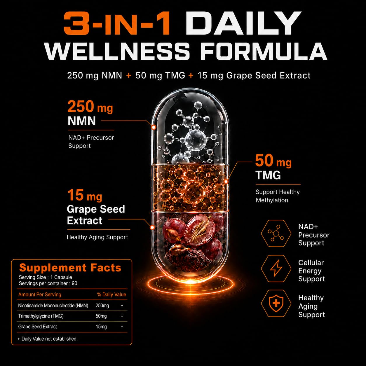 Leafgush NMN Supplement 250mg, NAD+ Precursor with TMG 50mg & Grape Seed Extract 15mg, Advanced 3-in-1 Daily Formula Capsule 90 Count