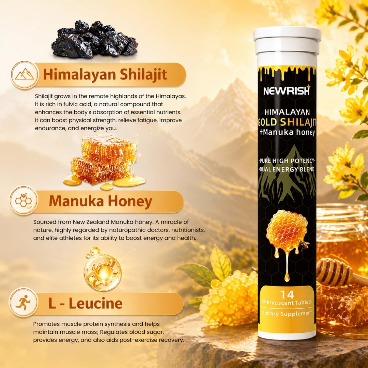 Newrish Shilajit Effervescent Tablets with Ashwagandha, Gokshura, Himalayan Shilajit, Fulvic Acid & 85+ Trace Minerals, Non-GMO, No Added Sugar, 28 Count