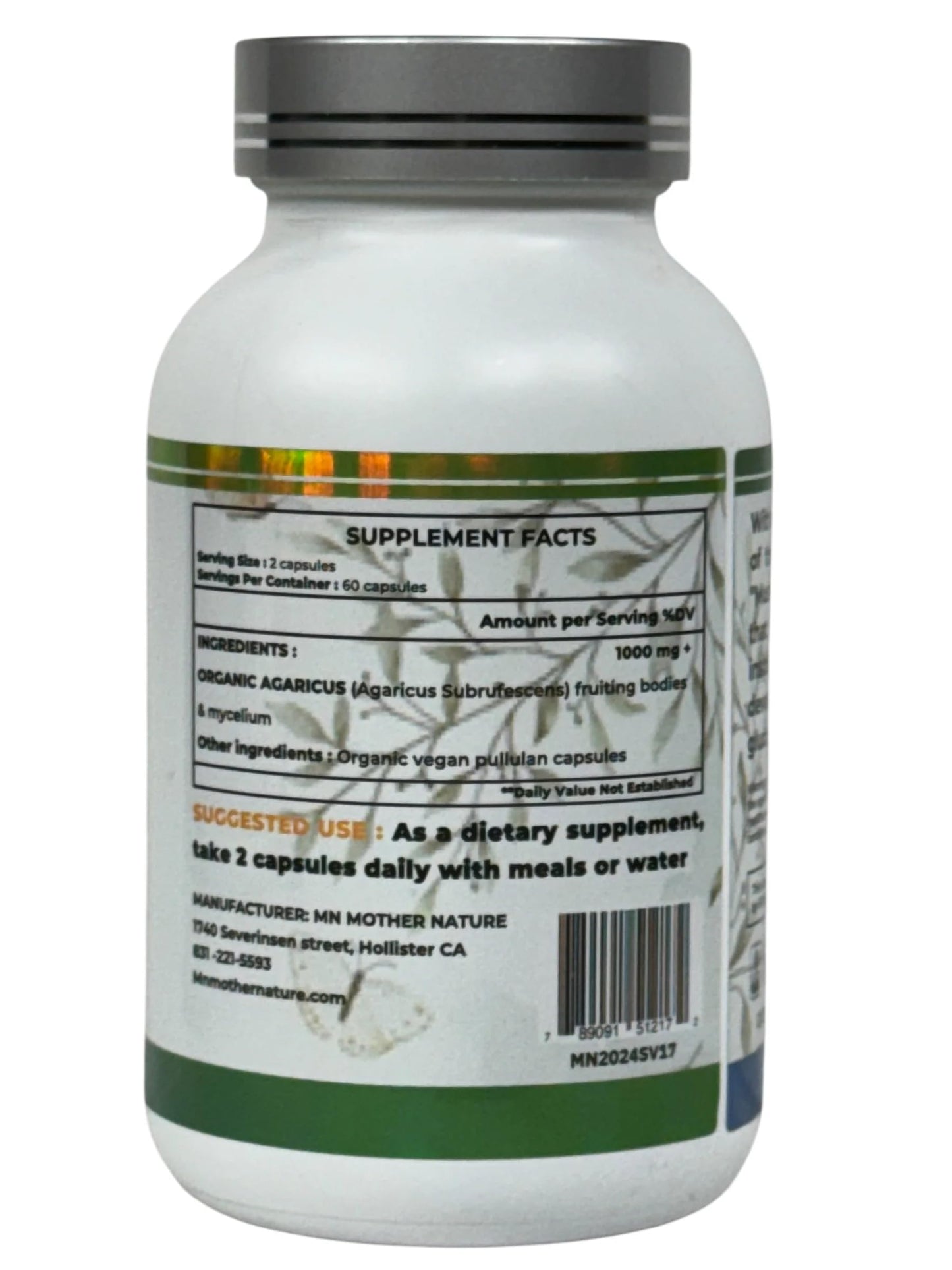 Mn Mother Nature Inc Agaricus (Agaricus bisporus) Mushroom Supplement 1000mg Capsules, 120 Count