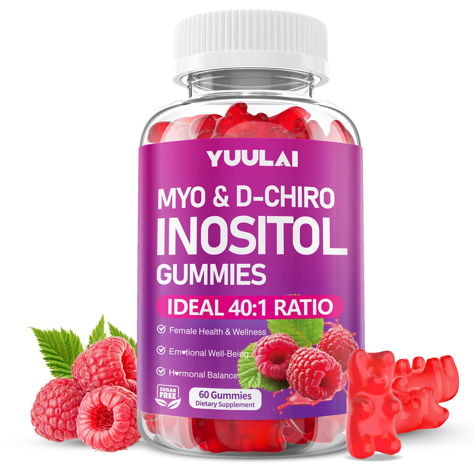 YUULAI Myo-Inositol & D-Chiro Inositol Gummies, 40:1 Ratio Inositol Supplement with Vitamin D3, Magnesium Glycinate, Folate & Zinc, Raspberry Flavor, 60 Count