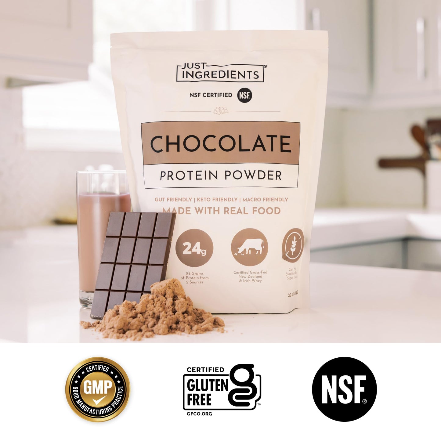 JUST INGREDIENTS Chocolate Protein Powder - Grass-Fed Whey, 30 Servings