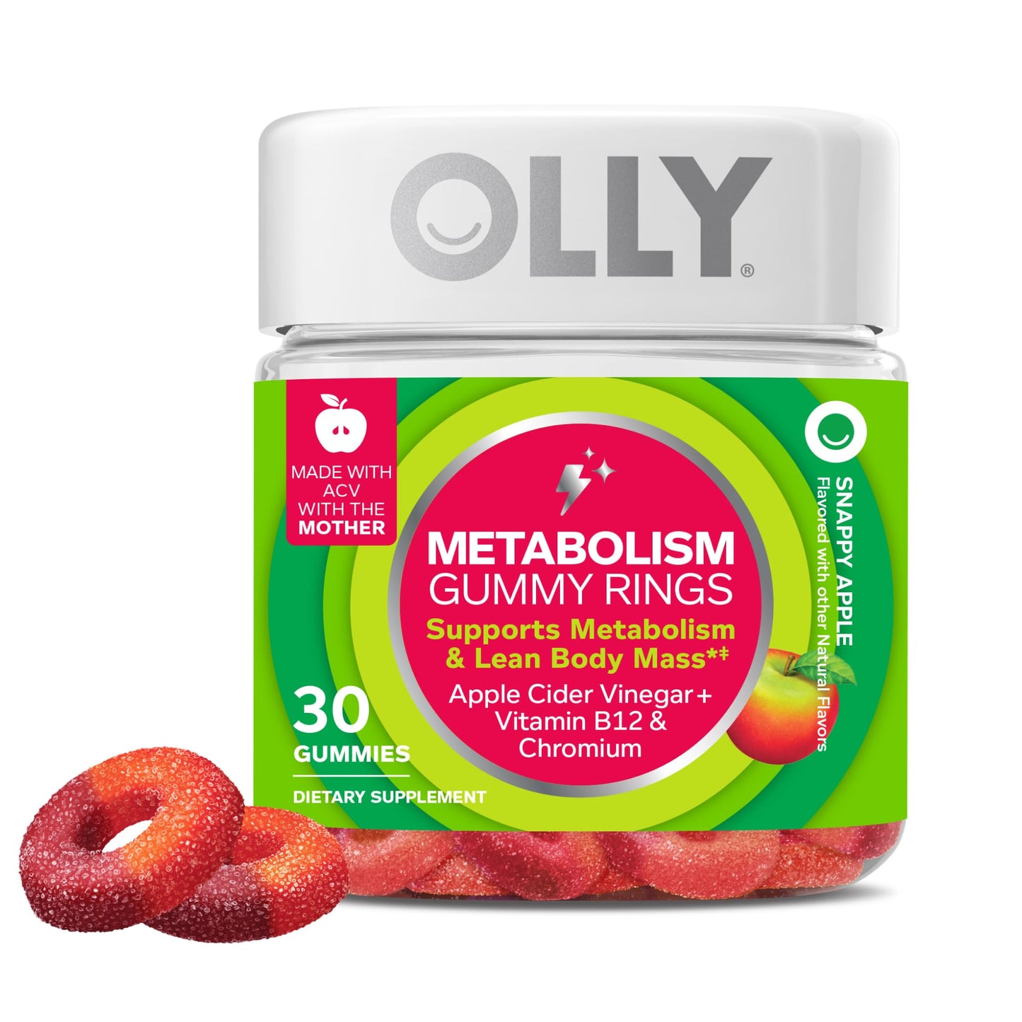 OLLY Metabolism Gummy Rings Apple Cider Vinegar Vitamin B12 Chromium Energy and Digestive Health Chewable Supplement Apple Flavor, 30 Count