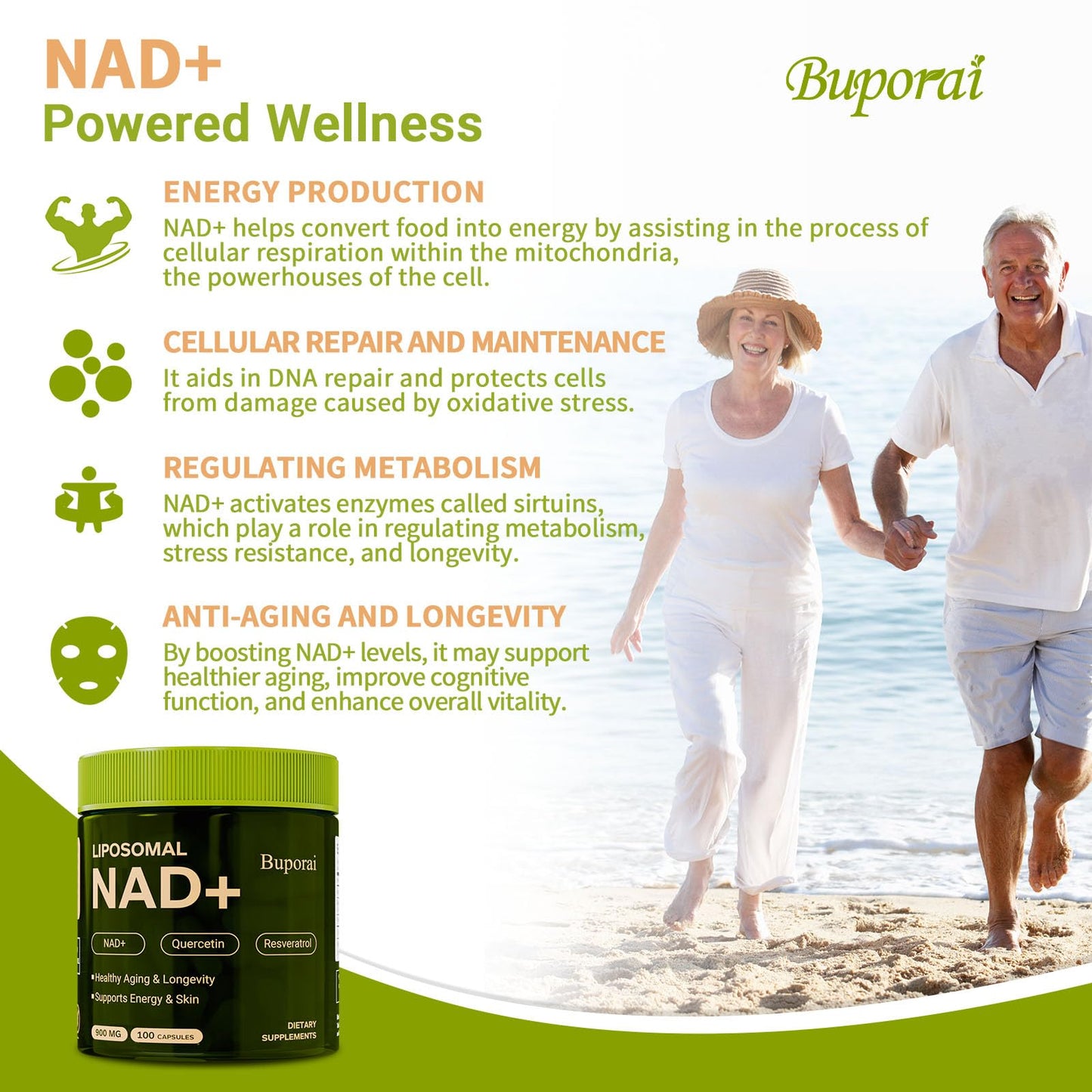Buporai NAD Supplement 900mg with Resveratrol & Quercetin Capsule, 100 Count