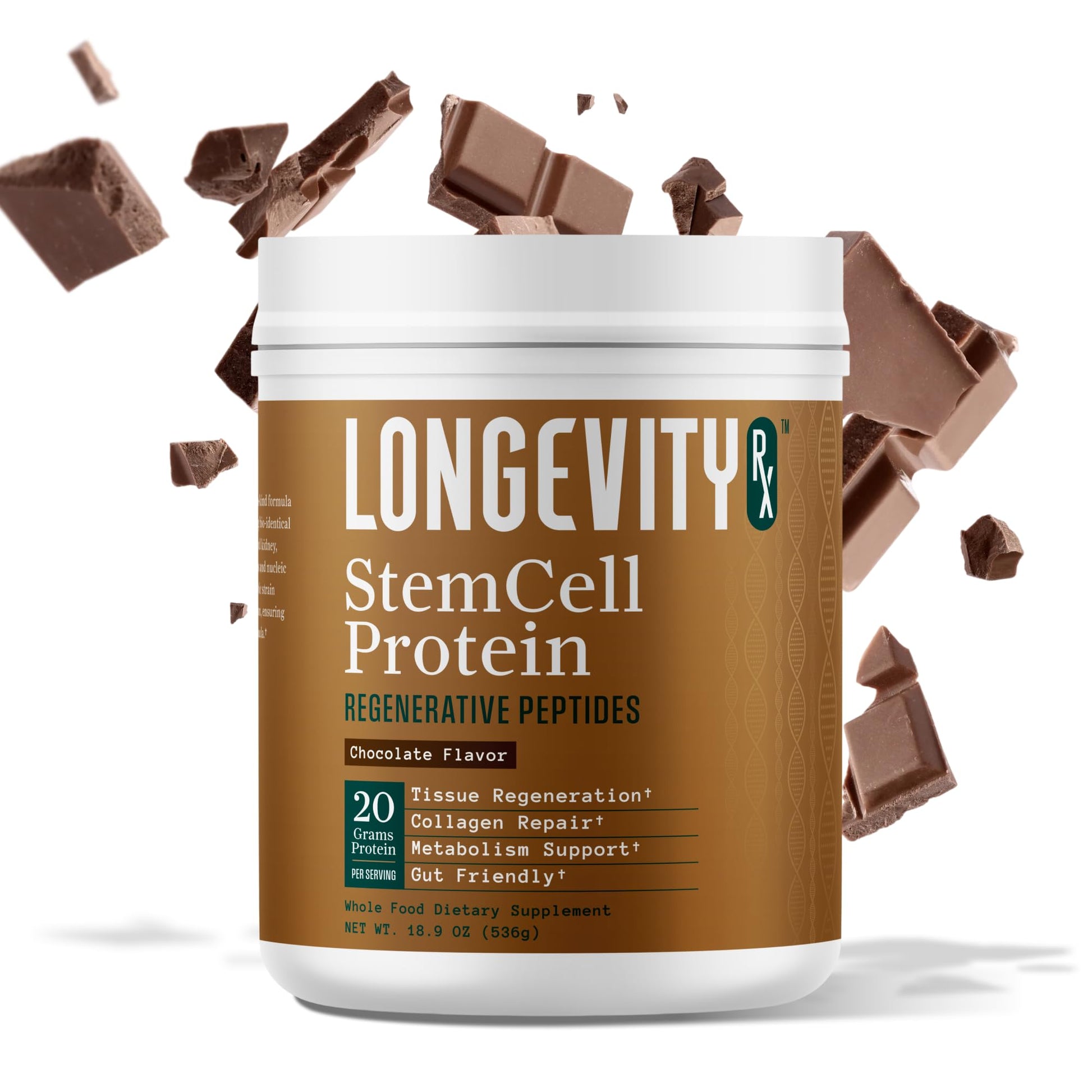 Longevity Rx Stem Cell Protein Powder Chocolate – Bone Marrow & Bone Broth Protein, Bacillus Subtilis AB-22, Natural Peptides – Cellular Recovery, 0.95 oz