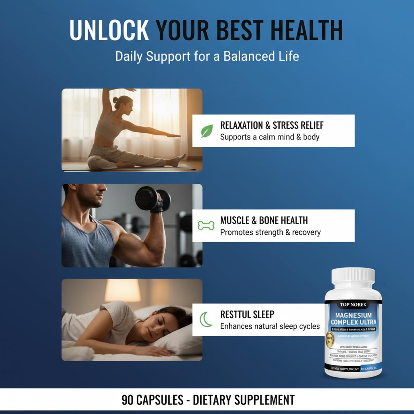 Top Norex Magnesium Complex Ultra - 8 Elemental 1000mg Magnesium Blend, Easy Absorption, 90 Capsules, 1 Count