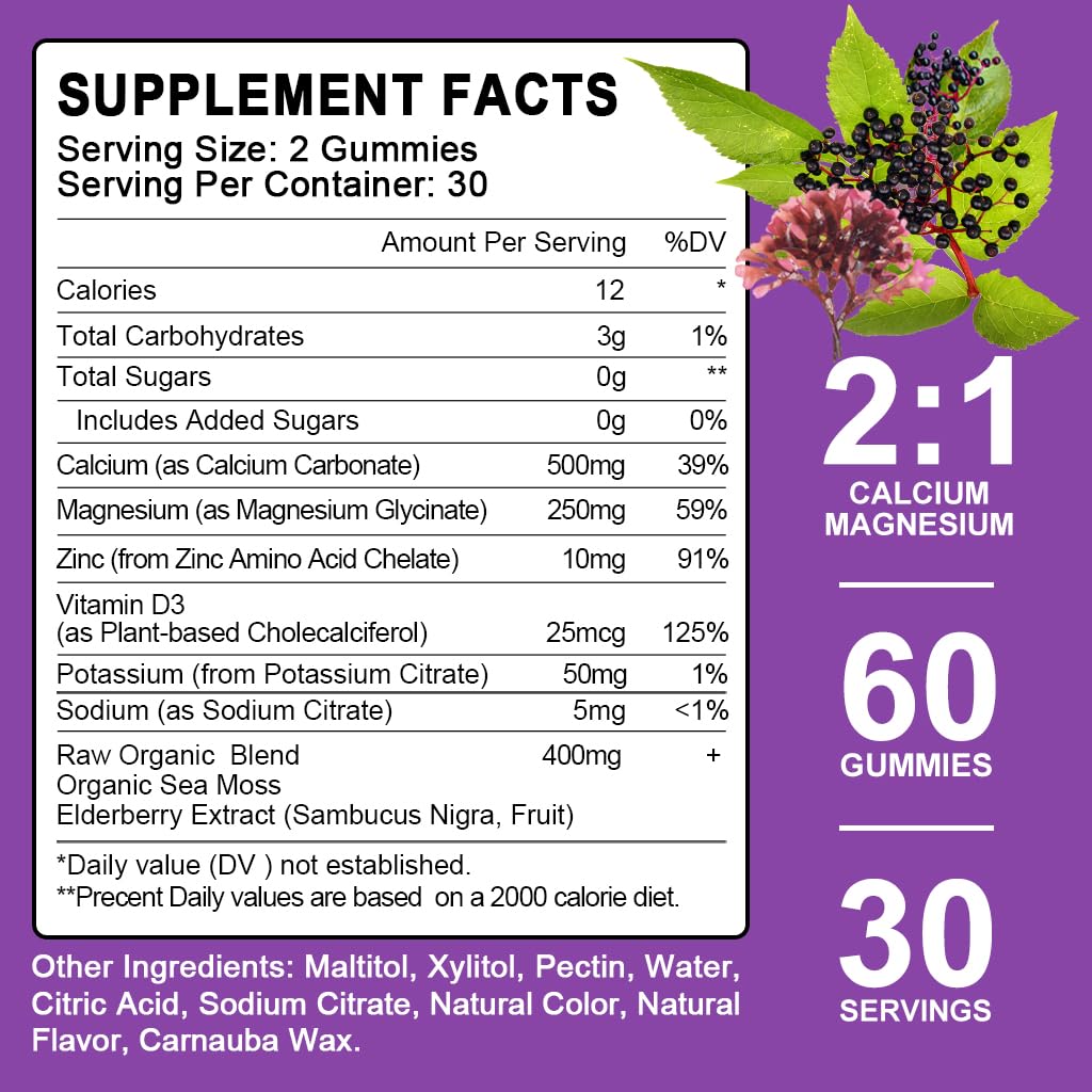 LUCNVEM Calcium Magnesium Zinc Gummies with Elderberry and Sea Moss, 180 Gummies