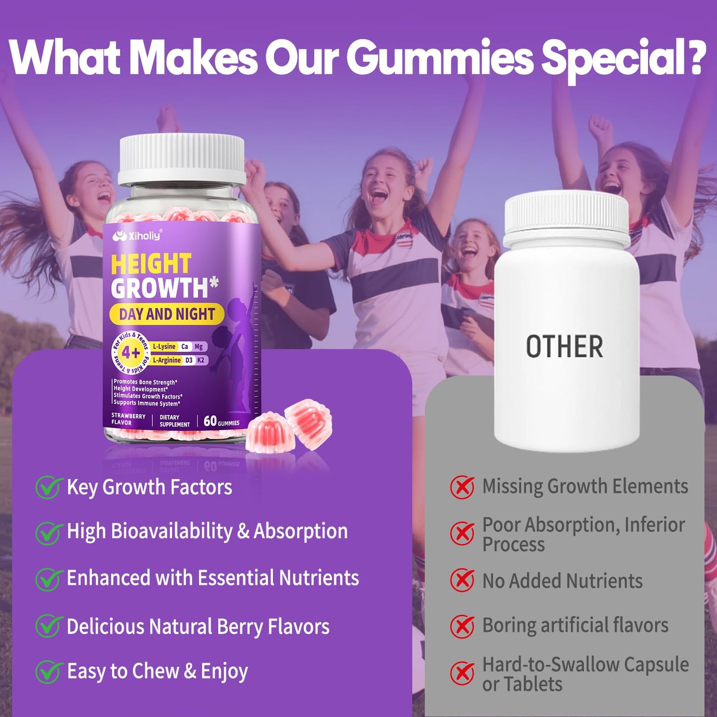 XIHOLIY Height Growth Gummies for Kids & Teens - Natural Vitamin Growth Supplement Gummy 60 Count