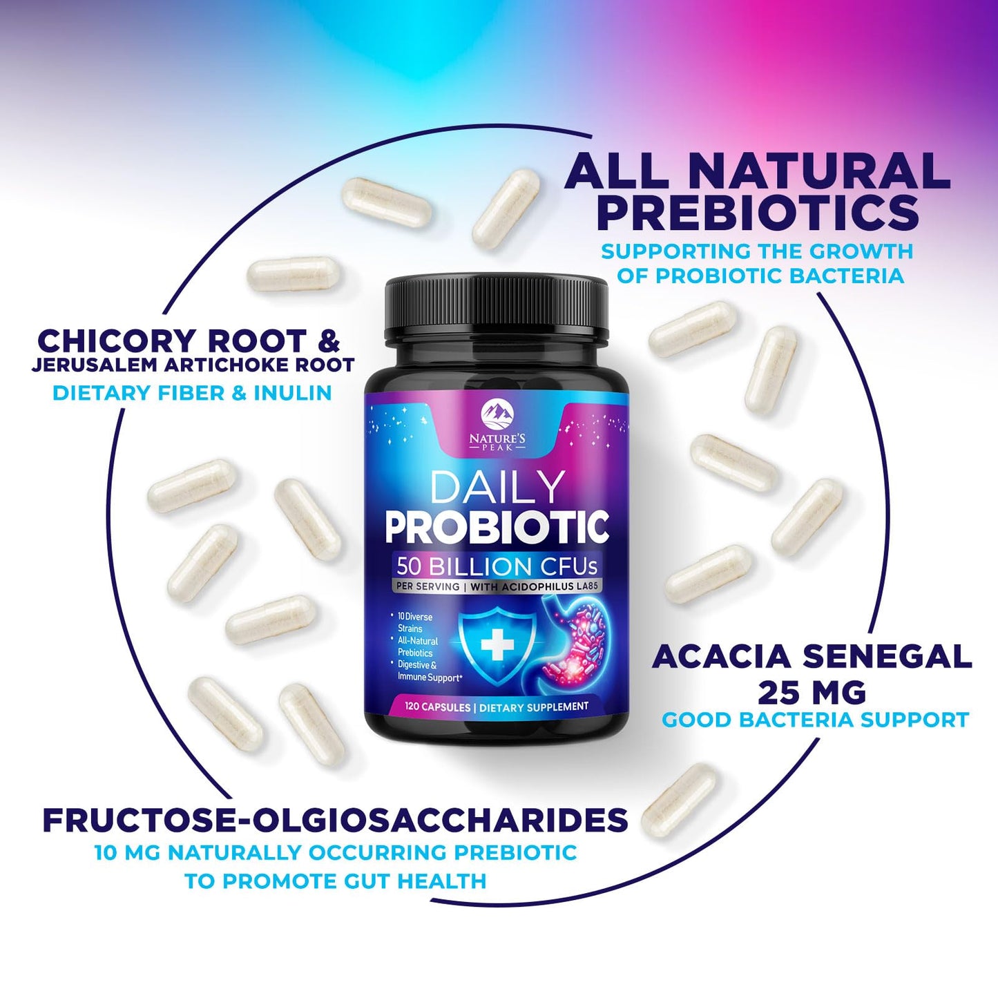 Nature's Peak Probiotics 50 Billion CFU Per Serving - 10 Premium Strains + Digestive Enzymes & Prebiotics, 120 Capsules