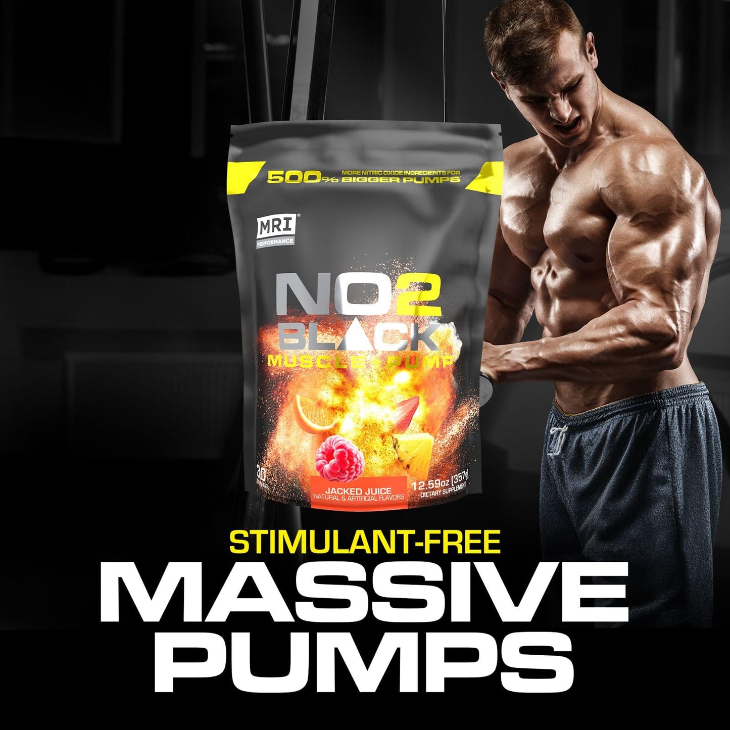 MRI NO2 Black Nitric Oxide, Pump & Muscle, Stim-Free PreWO (Jacked Juice) Powder, 12.59 Ounce